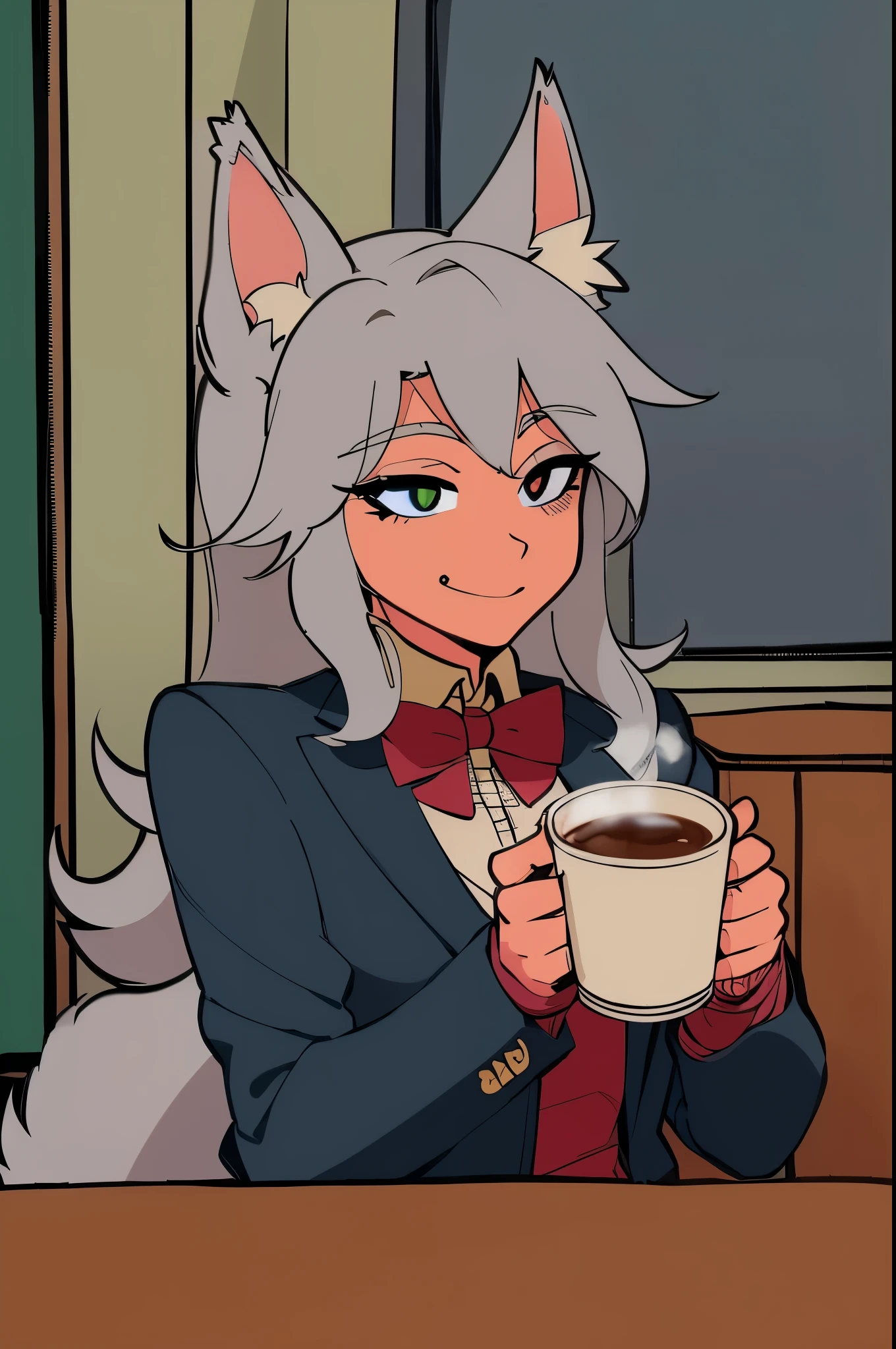 cartoon of a wolf with a cup of coffee in a room, morning coffee, (sfw) safe for work, hot coffee, oc commission, commission for high res, portrait of morning coffee, mysterious coffee shop girl, late morning, drinking coffee, morning time, waking up, casual pose, high quality fanart, cel shaded!!!, pov furry art, detailed fanart