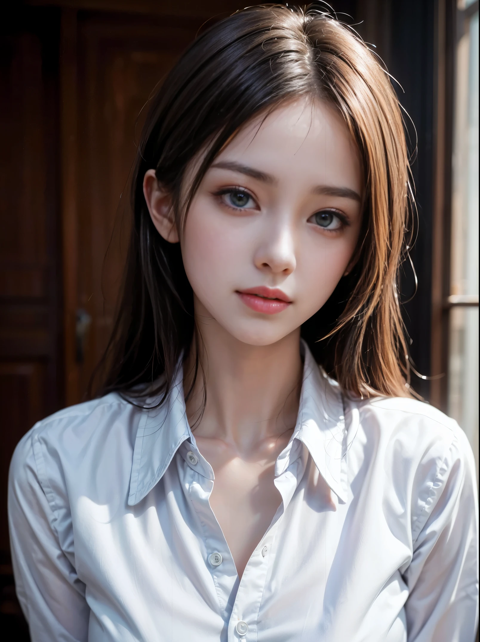 ((Best quality, 8k, Masterpiece)), Sharp focus, [Amanda Seyfried] perfect figure, Slim Abs, ((Short dark blonde hair, large breasts)), (wearing only a button-down white shirt), Hall of mirrors, Highly detailed texture of face and skin, Detailed eyes, Double eyelid, sensual, biting lips, whole body
