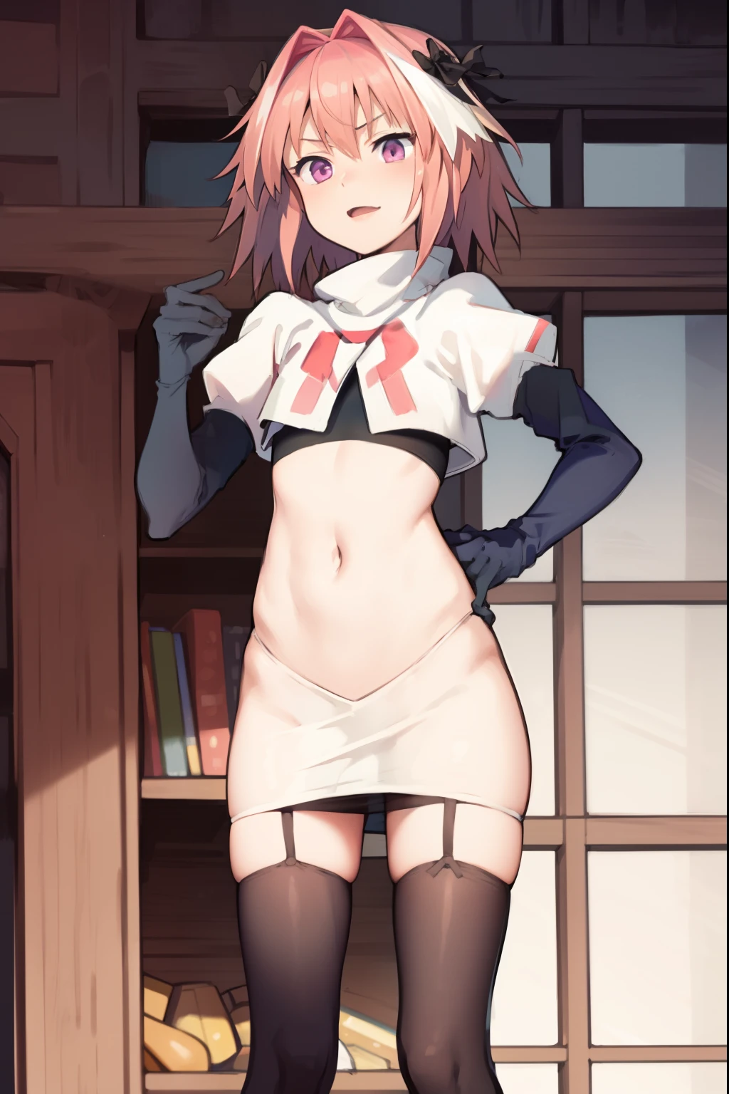absurdres, masterpiece, best quality, (astolfo fate:1.2155), 1boy, male focus, trap, pink multicolored hair, pink hair, white hair, hair intakes, long hair, pink detailed eyes, crossdressing,1boy, team rocket,team rocket uniform, red letter R, white skirt,white crop top,black thigh-highs,black elbow gloves