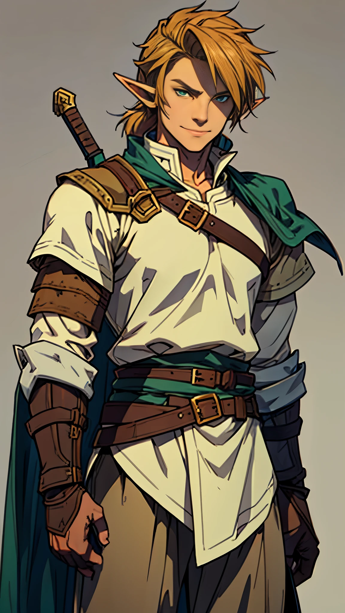 high detailed half-elf male, elf, brown_hair messy_hair smiling_face, green_eyes, scar_across_eye, pointed_ears, tan, armor breastplate blue_cape, leather_gloves, belt, belt_pounch, sword, sheath, paladin knight, simple_background, male_focus cowboy_shot solo, final fantasy tactics, jrpg, demacia, vox machina style,link,mature,knight,strong,warrior