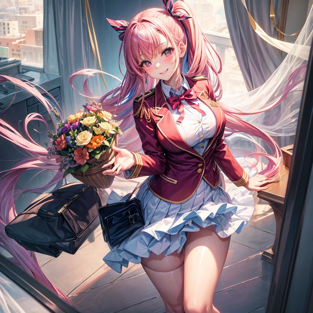 a beauty girl,a smile,Ribbon on uniform,Cute Blazer,Beautiful girl like an angel,huge tit,Girl with multicolored hair,Excellent style,thighs thighs thighs thighs,girl,top-quality,Charming beautiful girl,超A high resolution,schools,