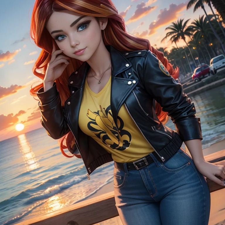 1 hermosa chica , 20yr old , Sunsethuman , Sunset Shimmer from my little pony, Sunset Shimmer in the form of a girl , pechos grandes , pechos voluminosos, pechos firmes , sexy , blusa azul , small black jacket with folded sleeves , pantalon de mezclilla azul ajustado , botas largas con tacon estilo motociclista sexy , tacones , cinco dedos, manos detalladas, dos tonos de pelo, cabello rojo y amarillo , baile, parque , escenario, eslora completa, atardecer , verano, hermosa sonrisa , lindo maquillaje , labios rojos , posando y saludando para foto
