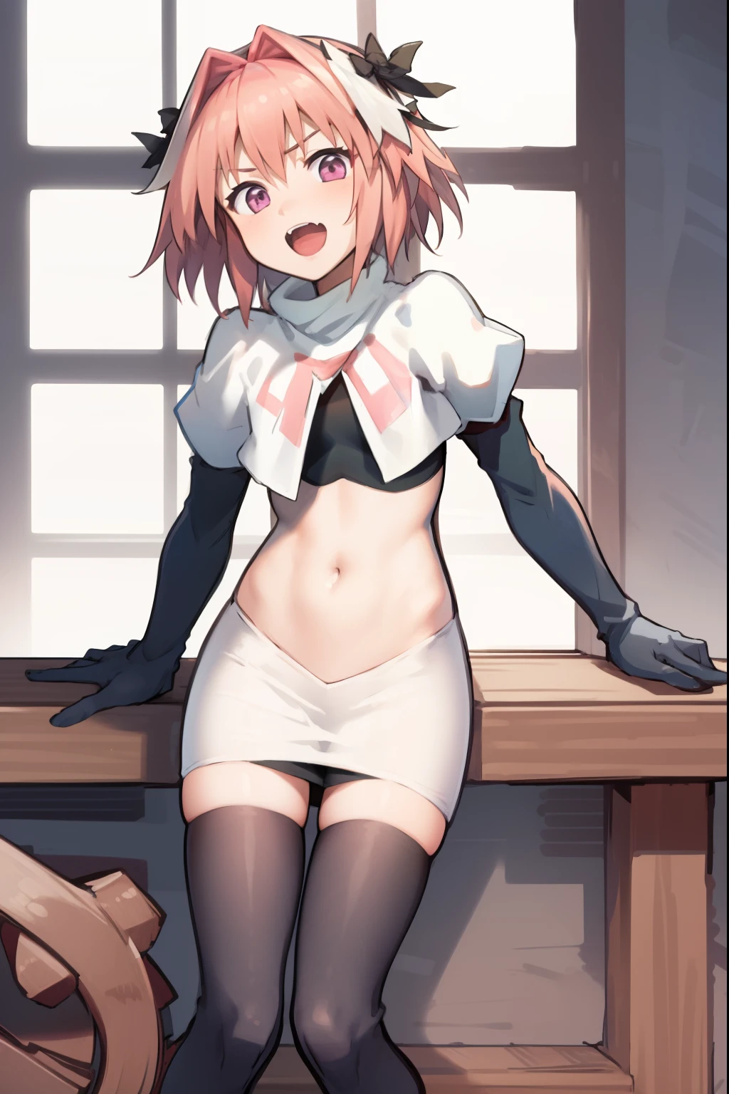 absurdres, masterpiece, best quality, (astolfo fate:1.2155), 1boy, male focus, trap, pink multicolored hair, pink hair, white hair, hair intakes, long hair, pink detailed eyes, crossdressing,1boy, team rocket,team rocket uniform, red letter R, white skirt,white crop top,black thigh-highs,black elbow gloves