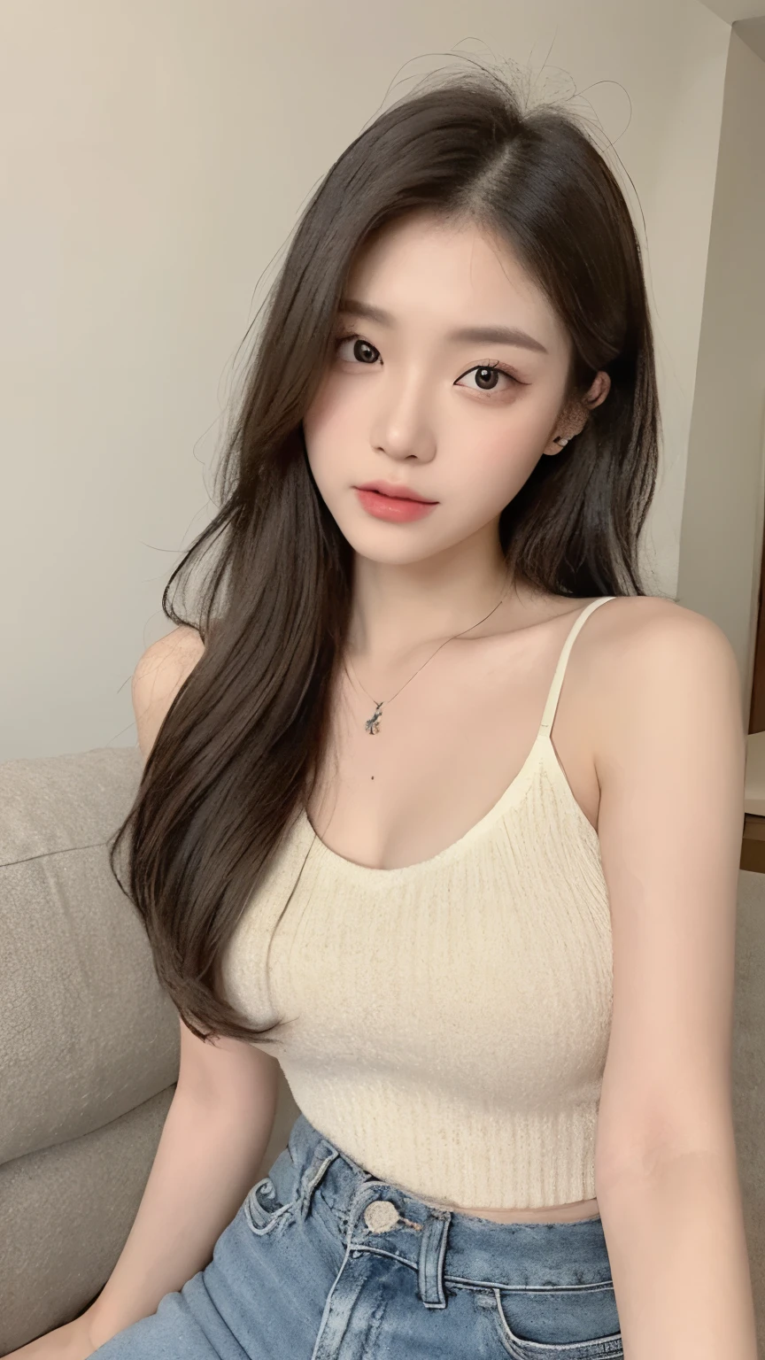 (Masterpiece, best resolution: 1.2), ((illustration), (extremely detailed), (best illustration),1girl,yellow singlet top, long jeans pants,white background, (far shoot), (((front shoot))),(best quality), (super detailed), (masterpiece), (detailed face), realistic 1 girl with a perfect figure, asians girl, chinese girl, full body, living room, light make up, white top, eyes look front, small eyes, double eyelid