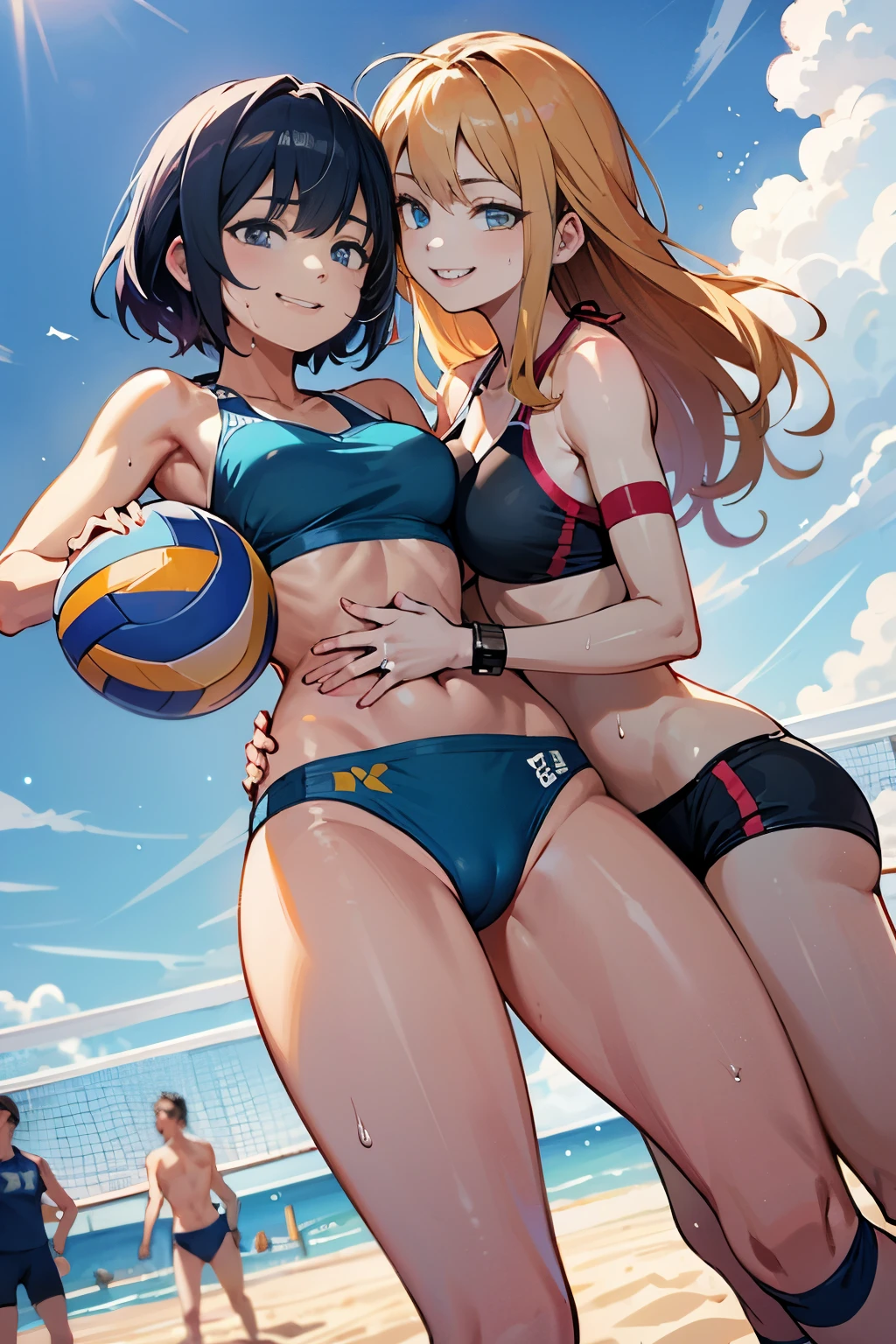 unity 8k wallpaper, anatomically correct, (((masterpiece))), (((best quality))), (((ultra detailed))), (((high-resolution))), ((super fine illustration)), detailed beautiful face, BREAK, ((2girls)), ((couple)), cheek-to-cheek, ((yuri)), 18 years old, ((potbelly)), (curvy), medium breasts, ((Thick thighs)), shiny hair, ((evil smile)), (((smirk))), ((blush)), BREAK, (((sports bikini))), swim wear, (beach volleyball uniform), ((wrist bands)), ((kneepads)), two female beach volleyball players, BREAK, ((hold the Beautiful spherical shape 6” volleyball)), stylish pose, ((sweat)), (perspired), (heavy breathing), sense of depth, ((in beach volleyball court)), from below, ((looking at viewers)), cowboy shot, couple focus