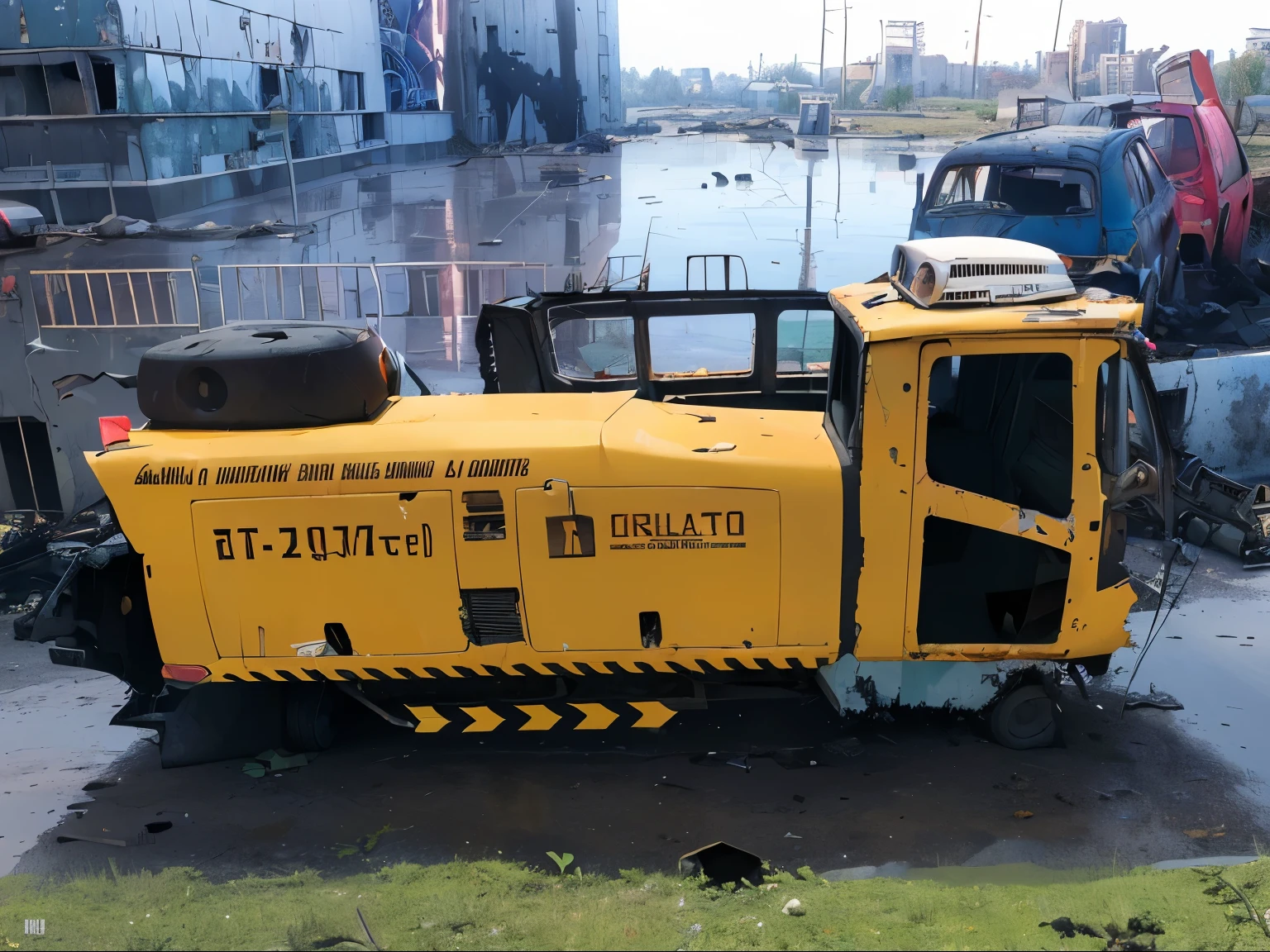 (melhor qualidade, HDR, ultra-detalhado, realista:1.37), Post-apocalyptic, Cidade abandonada em 3D, destroyed buildings, Plane crashed, Car Cemetery, carros abandonados, Greenery next to buildings, Abandoned vehicles strewn and piled up, sunset,(with drilling machine highlighted),