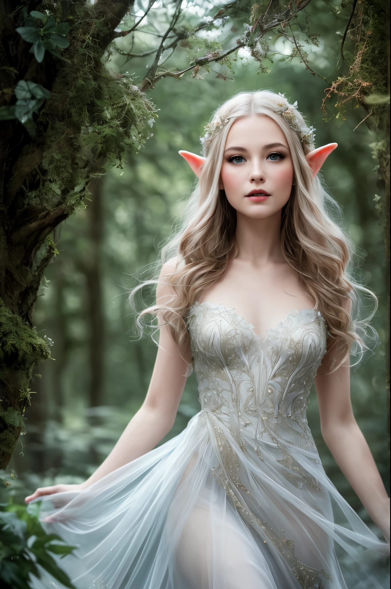 (best quality,4k,highres,masterpiece:1.2),ultra-detailed,realistic,enchanted forest,ethereal beauty with elven features, glowing moonlit scene,translucent ornate dress,tosses her hair back,graceful and elegant movements,elven features,sparkling eyes,pointed ears,delicate and intricate patterns on the dress,whimsical and magical atmosphere,soft and delicate color palette,gentle and mystical lighting
