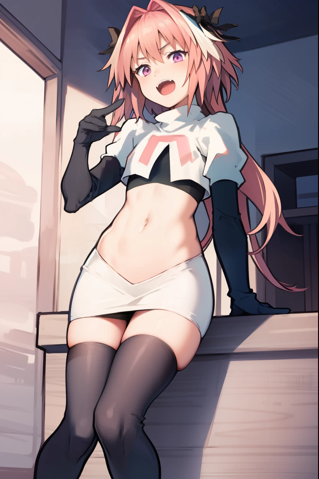 absurdres, masterpiece, best quality, (astolfo fate:1.2155), 1boy, male focus, trap, pink multicolored hair, pink hair, white hair, hair intakes, long hair, pink detailed eyes, crossdressing,1boy, team rocket,team rocket uniform, red letter R, white skirt,white crop top,black thigh-highs,black elbow gloves