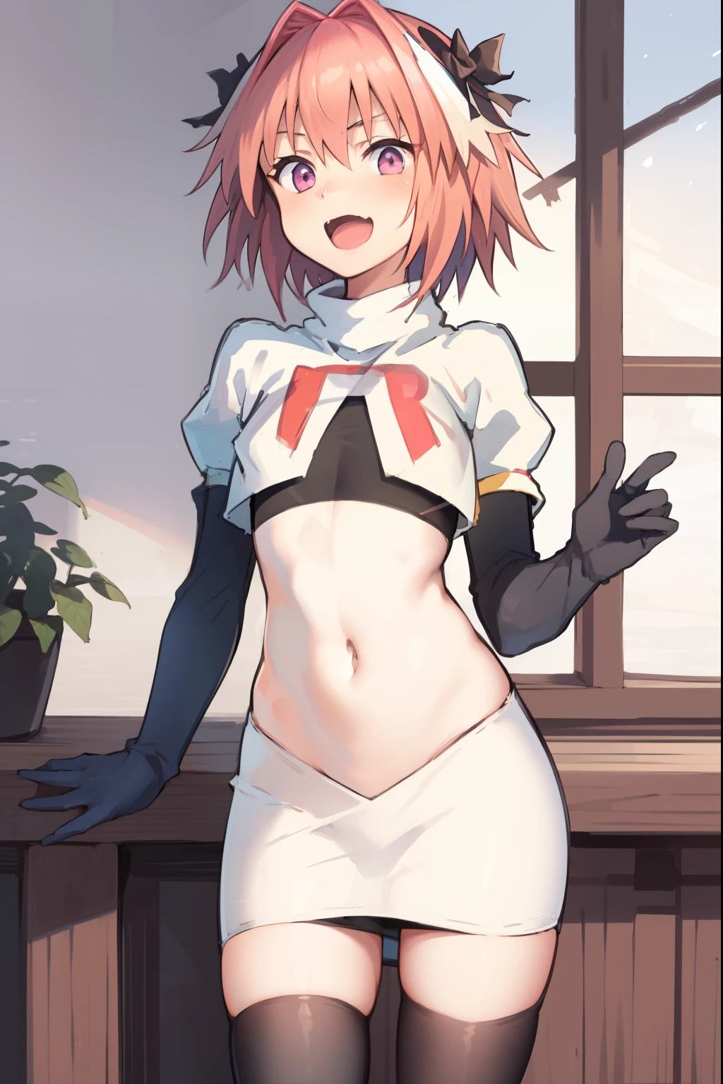 absurdres, masterpiece, best quality, (astolfo fate:1.2155), 1boy, male focus, trap, pink multicolored hair, pink hair, white hair, hair intakes, long hair, pink detailed eyes, crossdressing,1boy, team rocket,team rocket uniform, red letter R, white skirt,white crop top,black thigh-highs,black elbow gloves