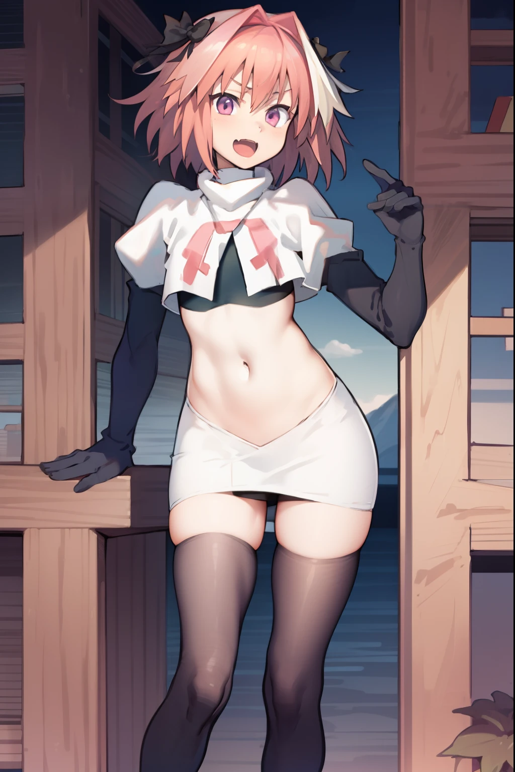 absurdres, masterpiece, best quality, (astolfo fate:1.2155), 1boy, male focus, trap, pink multicolored hair, pink hair, white hair, hair intakes, long hair, pink detailed eyes, crossdressing,1boy, team rocket,team rocket uniform, red letter R, white skirt,white crop top,black thigh-highs,black elbow gloves