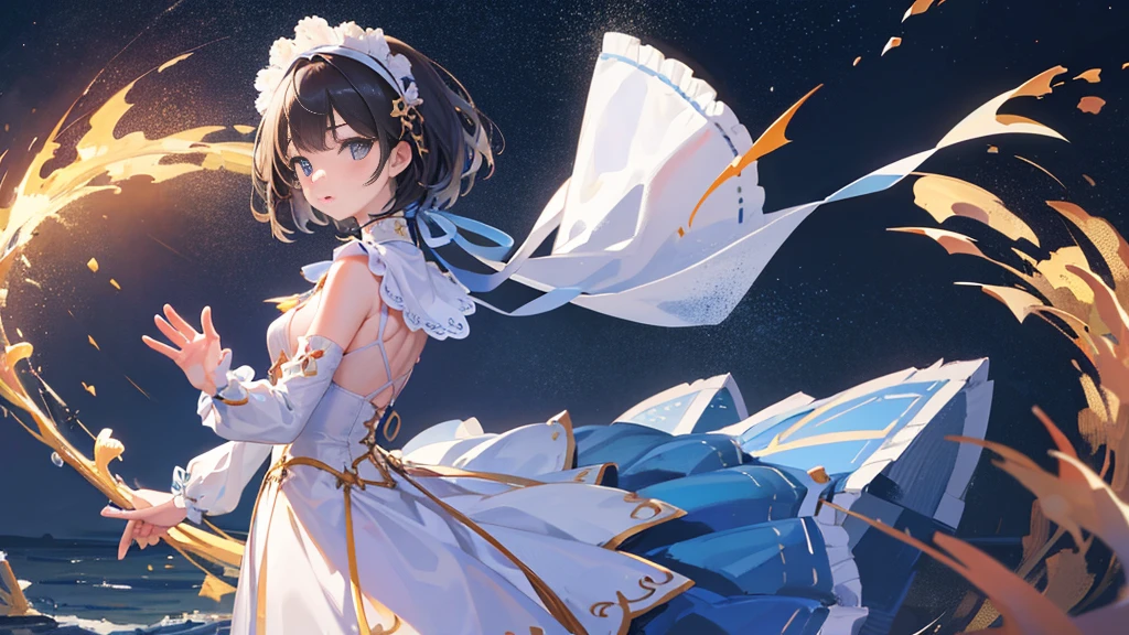 (8K、Live shooting、highest quality、masterpiece:1.2)、(ish face、round face:1.3)、1 girl,Super detailed、ultra high resolution、see the beholder、beautiful detailed face、(thin slim waist) :1.3)、beautiful detailed skin、floating hair、professional lighting、short hair、starry sky、Place the subject on the right side of the screen、in water、praying girl