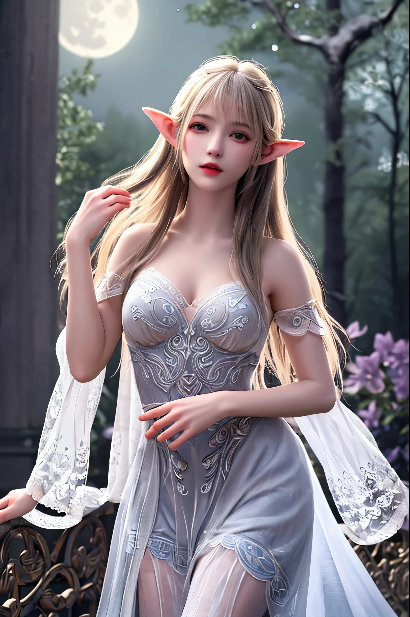 (best quality,4k,highres,masterpiece:1.2),ultra-detailed,realistic,enchanted forest,ethereal beauty,glowing moonlit scene,translucent ornate dress,tosses her hair back,graceful and elegant movements,elven features,sparkling eyes,pointed ears,delicate and intricate patterns on the dress,whimsical and magical atmosphere,soft and delicate color palette,gentle and mystical lighting
