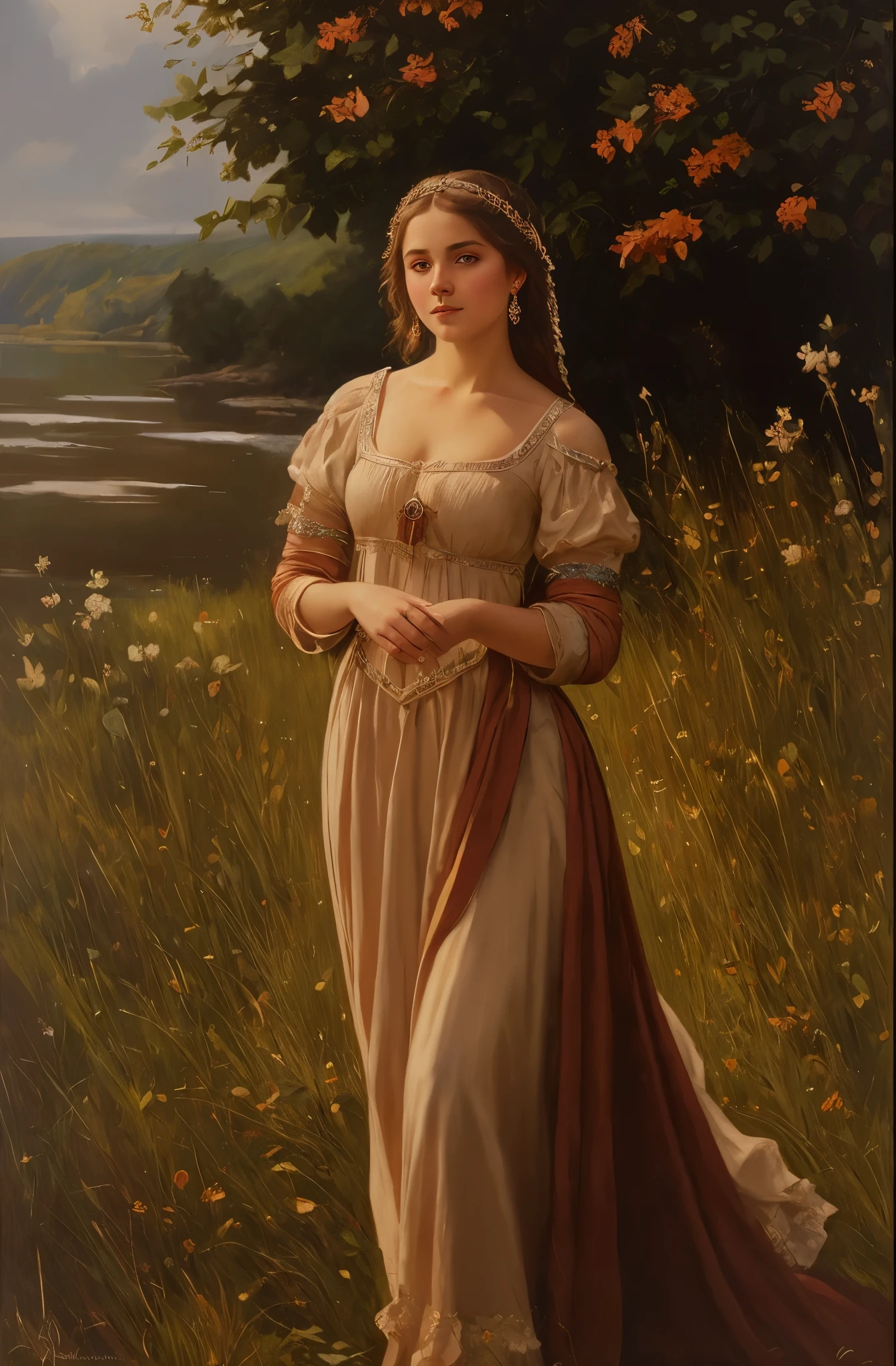 portrait, girl, middle ages, classicism, andrey atroshenko style, painting, pierced eyes, beautifully styled hair, traditional media, realistic, figurative, fine art, oil on canvas, HDR, 8K, original character, high resolution, high detail, focus on the face, beautiful eyes