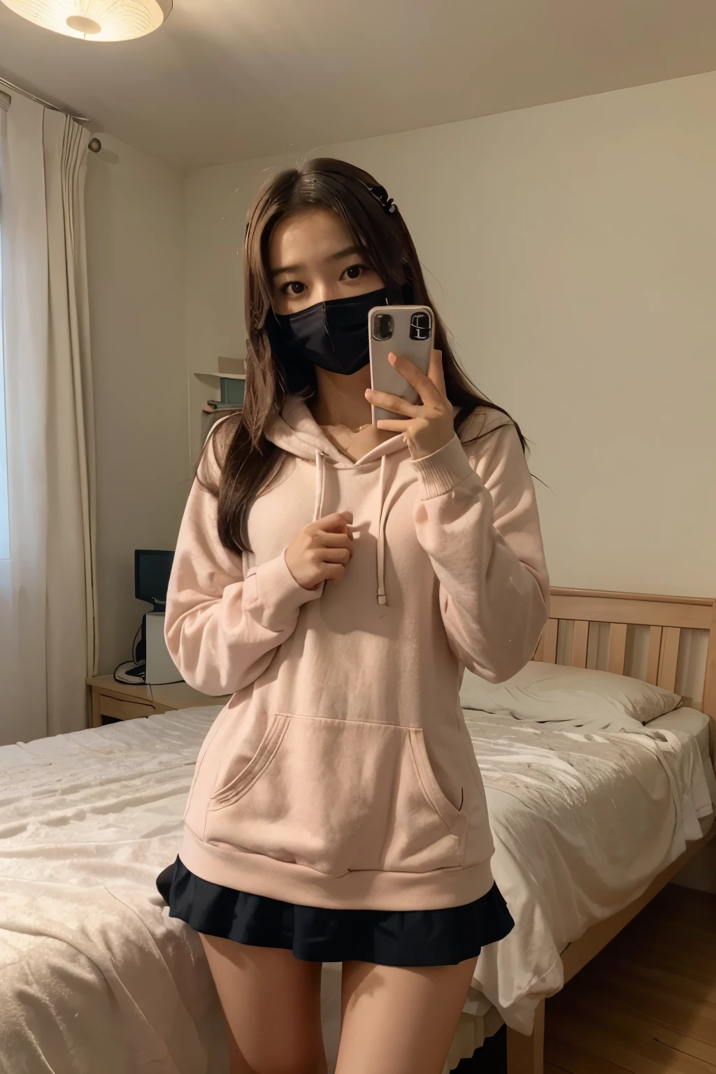 1girl, cosplay selfie. cute japanese girl short height, small chest size, petite slim body, wearing face mask, cute dress and skirt. hoodie, bedroom average messy dorm.