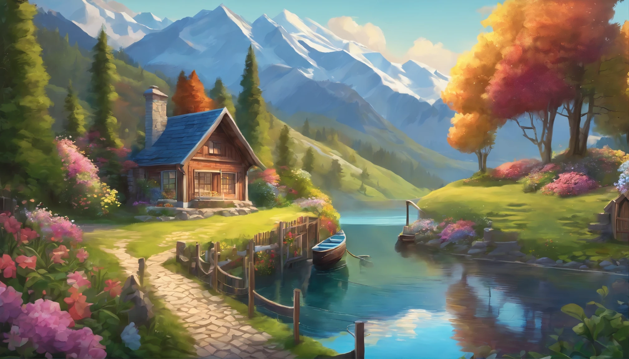 painting of a cottage, flowers beside of fence, fence along the road, mountain landscape with a lake and a boat, illustration matte painting, inspired by Thomas Kinkade, symmetric matte painting, detailed scenery , style raw, 8 k ultra detailed
