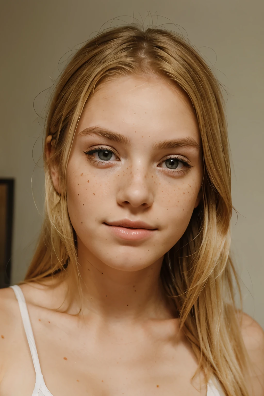 Portrait of ten girl, pale skin, blonde hair bun, freckles,