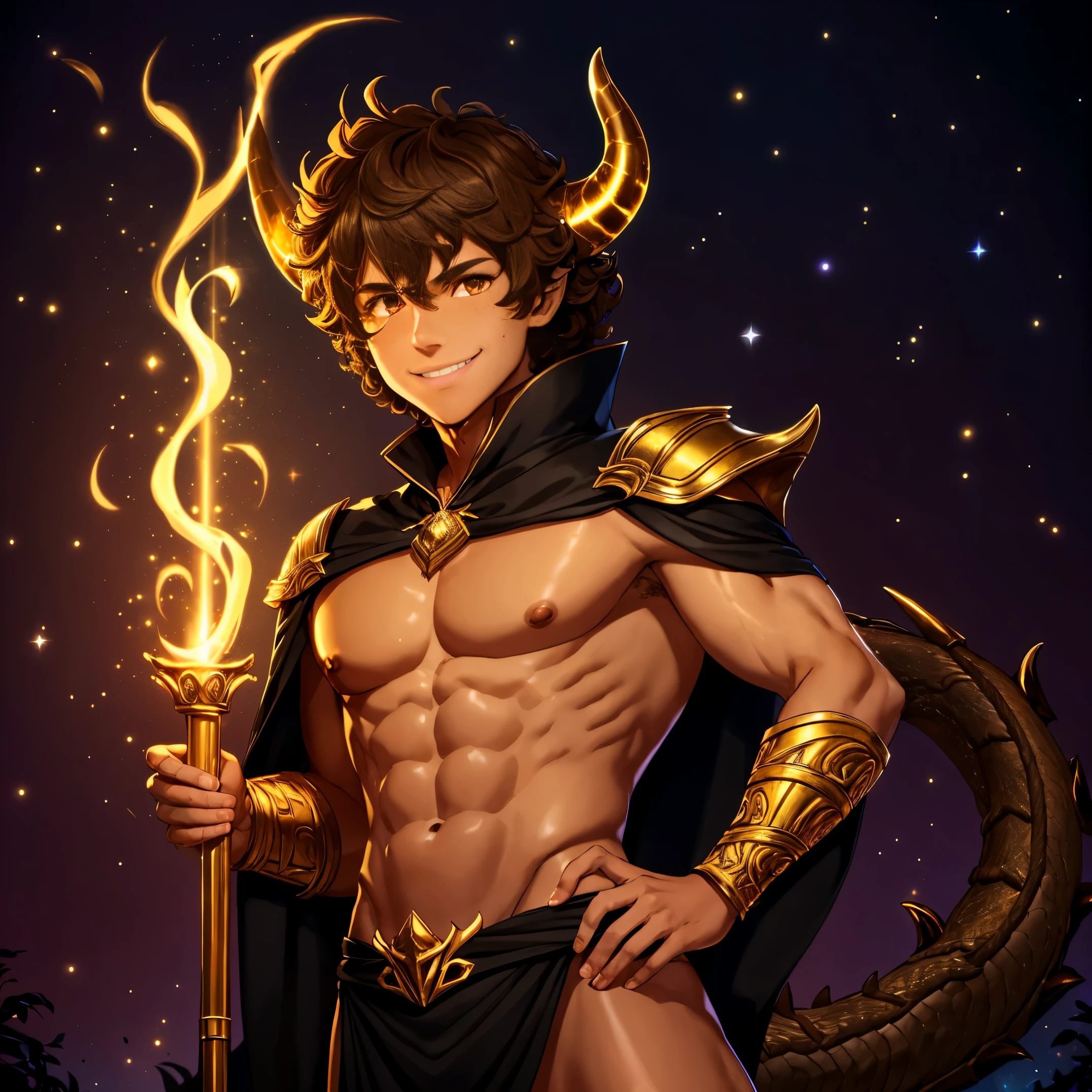 Tall boy, slim physique, tan skin, freckles, brown eyes, brown curly hair, glowing eyes, midnight background, very detailed outfit, magical powers, black and gold horns, posing with a smile, dragon blood evident 