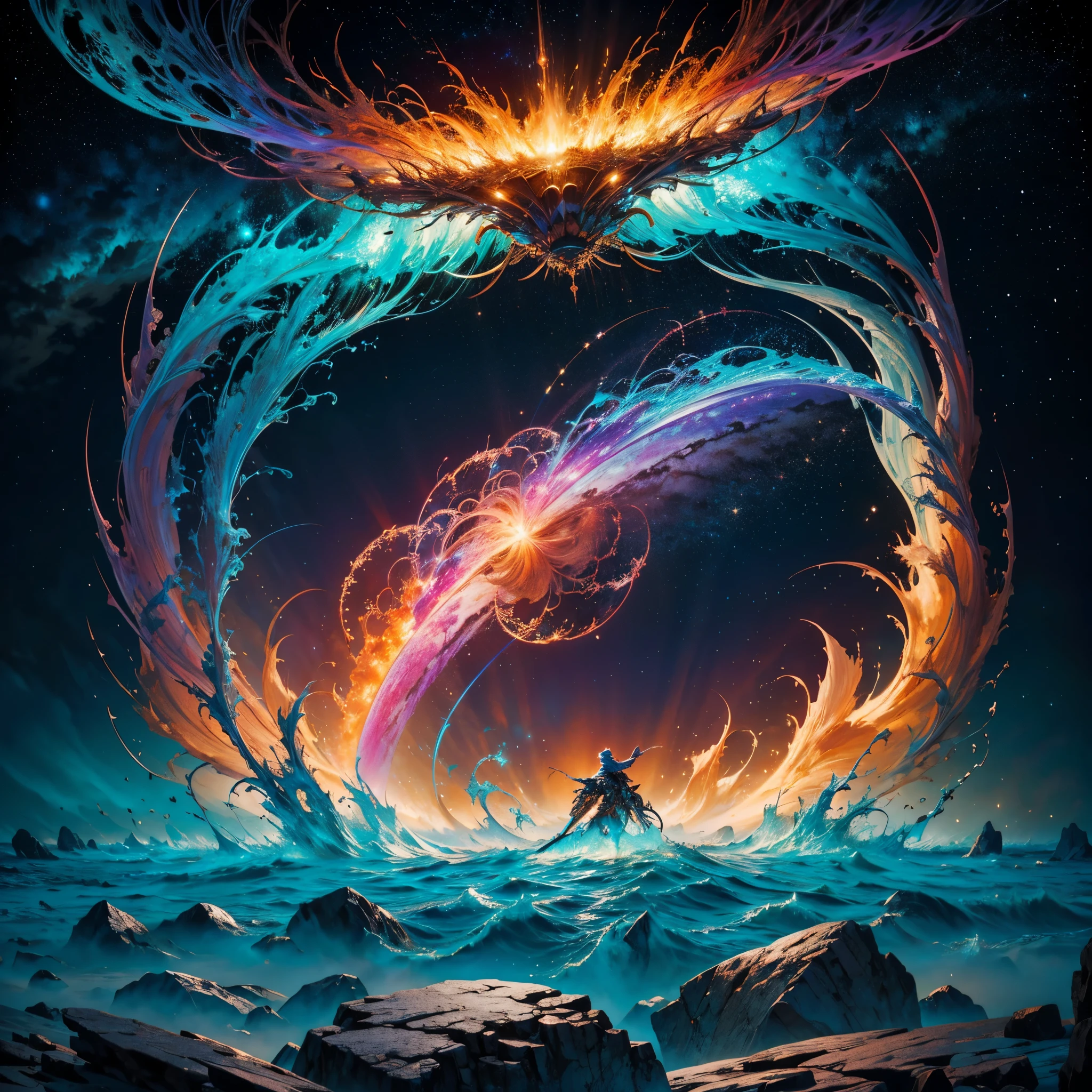 Hyper Vibrant Nebulae Octans by_Mappa Spacious Starry_sky ((🎈Sunset epic sunshine parabolic sunrise Rain_Color Colorful_liquid_on_naked_body:1.3 Colorful_body Colorful_ink_on_hair:1.2 Rainbow Abundant_colorful_liquids White_liquid fullbodye wet_Color_liquid)) In the vast expanse of the cosmos, a breathtaking image unfolds before your eyes. In the heart of a starry galaxy, vibrant nebula dance and swirl, their ethereal colors blending and intertwining. The scene is a symphony of cosmic beauty, with tendrils of interstellar dust and gas reaching out into the void. The stars shine with an otherworldly brilliance, illuminating the cosmic tapestry that stretches across the vastness of space. It is a visual feast for the senses, an awe-inspiring glimpse into the wonders of the universe. BREAK,Detailed,Realistic, highly detailed digital art,octane render, bioluminescent, BREAK,by Mappa studios,masterpiece,best quality,official art,illustration,ligne claire,(cool_color),perfect composition,absurdres, fantasy,focused,rule of thirds masterpiece meticulously intricate 🎠deep path equirectangular🎡 ultra_high-details extreme improved ultra_high-quality ultra_high-res ultra_photo-realistic optimal ultra_sharpness perfection accurate volumetric SunLight Lightning_contrast global_illumination cgi vfx sfx reflex Octane_rendered ultra_high-def UHD XT3 DSLR HDR romm rgb pbr 3dcg fxaa blu-ray vivid colors-coded anti-aliasing fkaa txaa rtx ssao opengl-shaders glsl-shaders post-processing post-production cell-shading tone-mapping ❤luminescence 😘glow 👩Heart hearth Crystalline butterfly earth invoke monarch magic fleuraison monster monstrous creature sundrop slide onyx summon transparent ruby Earth hearth bloom flash Tourmaline opal strange glow hole reflection varies multi etc. --s 1000 --c 20 --q 20 --chaos 100