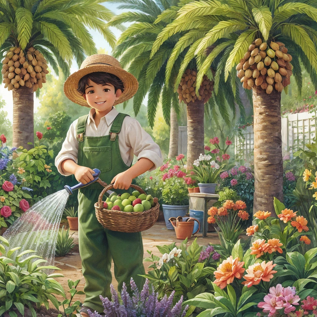 pintura feita em estilo aquarela, onde podemos ver um jardim encantador, with a little gardener boy taking care of various plants, He is portrayed as a baby, Feito em estilo desenho de cartoon, with appropriate gardening clothes and a straw hat, O garotinho sorri enquanto cuida das plantas com carinho, Ao fundo, there are several majestic date palm trees, cheia de frutos maduros e suculentos, O menininho segura uma cesta cheia desses frutos, que ele colheu com orgulho, the boy is on a path with a dirt floor, The image is made in watercolor, com cores vibrantes e suaves, conveying a sense of tranquility and harmony, The plants have bright colors coming from the flowers around the garden, the different varieties of plants that the boy is taking care of and even some friendly animals that are nearby, like butterflies or birds. The boy is cheerful while holding the basket full of fruits, The ripe fruits of the date palm and how they add a touch of color and abundance to the garden, Use the watercolor technique used to create the image, highlighting the soft brushstrokes and translucent colors that bring the scene to life.