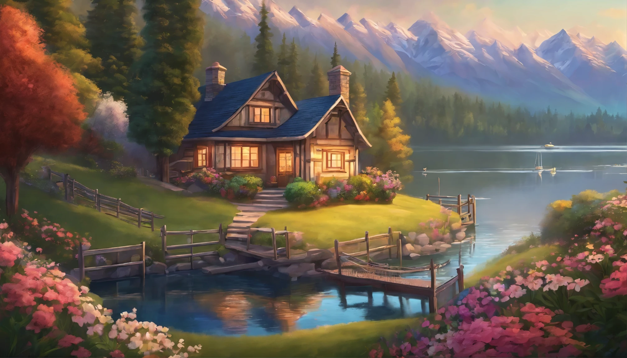painting of a cottage, flowers beside of fence, fence along the road,  mountain landscape with a lake and a boat, illustration matte painting,  inspired by Thomas Kinkade, symmetric matte painting, detailed scenery , style raw, 8 k ultra detailed