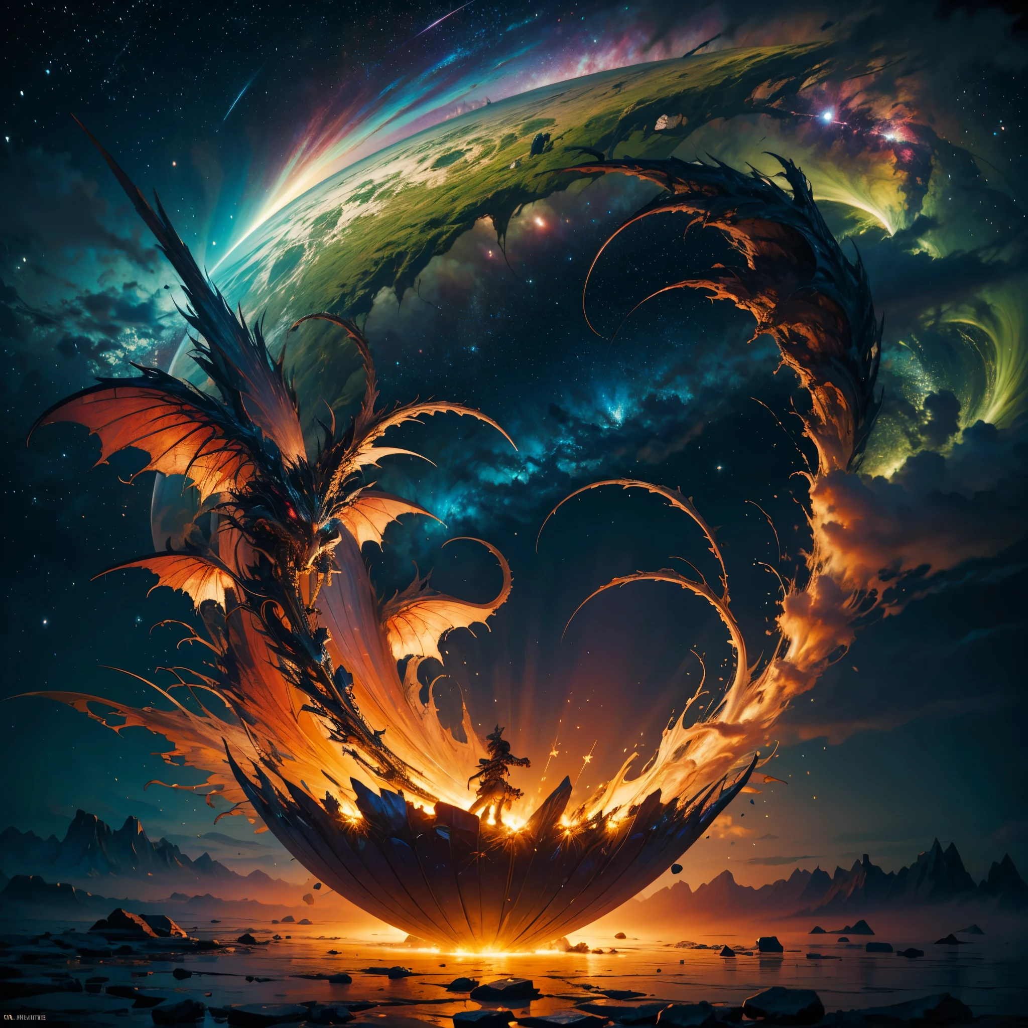 Hyper Vibrant Nebulae Octans by_Mappa Spacious Starry_sky ((🎈Sunset epic sunshine parabolic sunrise Rain_Color Colorful_liquid_on_naked_body:1.3 Colorful_body Colorful_ink_on_hair:1.2 Rainbow Abundant_colorful_liquids White_liquid fullbodye wet_Color_liquid)) In the vast expanse of the cosmos, a breathtaking image unfolds before your eyes. In the heart of a starry galaxy, vibrant nebula dance and swirl, their ethereal colors blending and intertwining. The scene is a symphony of cosmic beauty, with tendrils of interstellar dust and gas reaching out into the void. The stars shine with an otherworldly brilliance, illuminating the cosmic tapestry that stretches across the vastness of space. It is a visual feast for the senses, an awe-inspiring glimpse into the wonders of the universe. BREAK,Detailed,Realistic, highly detailed digital art,octane render, bioluminescent, BREAK,by Mappa studios,masterpiece,best quality,official art,illustration,ligne claire,(cool_color),perfect composition,absurdres, fantasy,focused,rule of thirds masterpiece meticulously intricate 🎠deep path equirectangular🎡 ultra_high-details extreme improved ultra_high-quality ultra_high-res ultra_photo-realistic optimal ultra_sharpness perfection accurate volumetric SunLight Lightning_contrast global_illumination cgi vfx sfx reflex Octane_rendered ultra_high-def UHD XT3 DSLR HDR romm rgb pbr 3dcg fxaa blu-ray vivid colors-coded anti-aliasing fkaa txaa rtx ssao opengl-shaders glsl-shaders post-processing post-production cell-shading tone-mapping ❤luminescence 😘glow 👩Heart hearth Crystalline butterfly earth invoke monarch magic fleuraison monster monstrous creature sundrop slide onyx summon transparent ruby Earth hearth bloom flash Tourmaline opal strange glow hole reflection varies multi etc. --s 1000 --c 20 --q 20 --chaos 100
