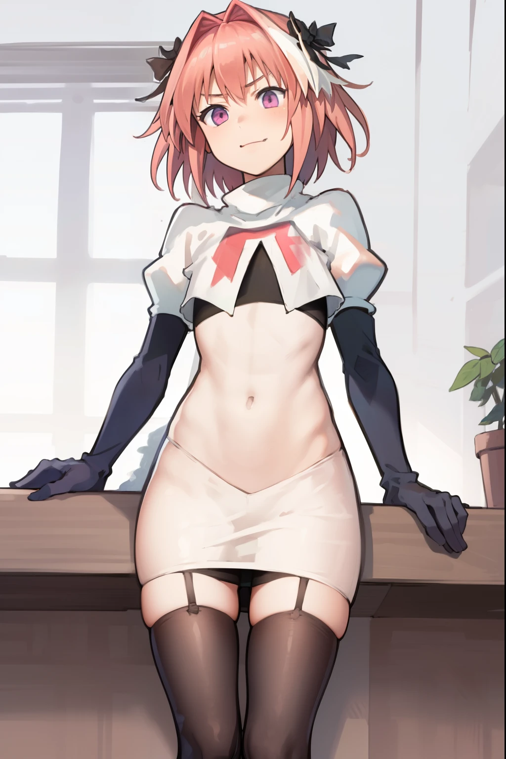 absurdres, masterpiece, best quality, (astolfo fate:1.2155), 1boy, male focus, trap, pink multicolored hair, pink hair, white hair, hair intakes, long hair, pink detailed eyes, crossdressing,1boy, team rocket,team rocket uniform, red letter R, white skirt,white crop top,black thigh-highs,black elbow gloves