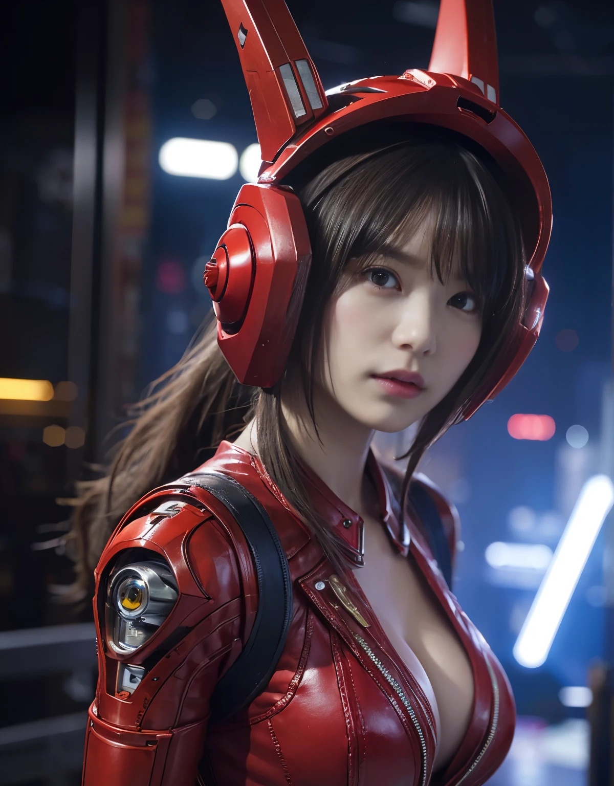 (Skimpy mechanical girl and alien background)、(Mystical expression)、highest quality、masterpiece、Super high resolution、(Photoreal:1.4)、RAW photo、1 girl、glowing skin、(((1 Mechanical Girl)))、(red metalボディスーツ)、(Natural alien background to fight aliens)、(Small LED)、((Super realistic details))、vertical giant monster background),global illumination、Shadow、octane rendering、8K、super sharp、robotの背景、big breasts、Raw skin exposed in the cleavage、red metal、intricate decorative details、Japan details、very intricate details、realistic light、(Mystical expression),CG Society Trenlow Eyes、Eyes shining towards the camera、Mechanical marginal blood vessels connected to neon detail tubes)、(Wires and cables connecting to the head)、Small LED、,mechanical thighs、two stock、(Hands are also made of machines)、robot、future alien、Please wear a mechanical helmet、transparent face guard、