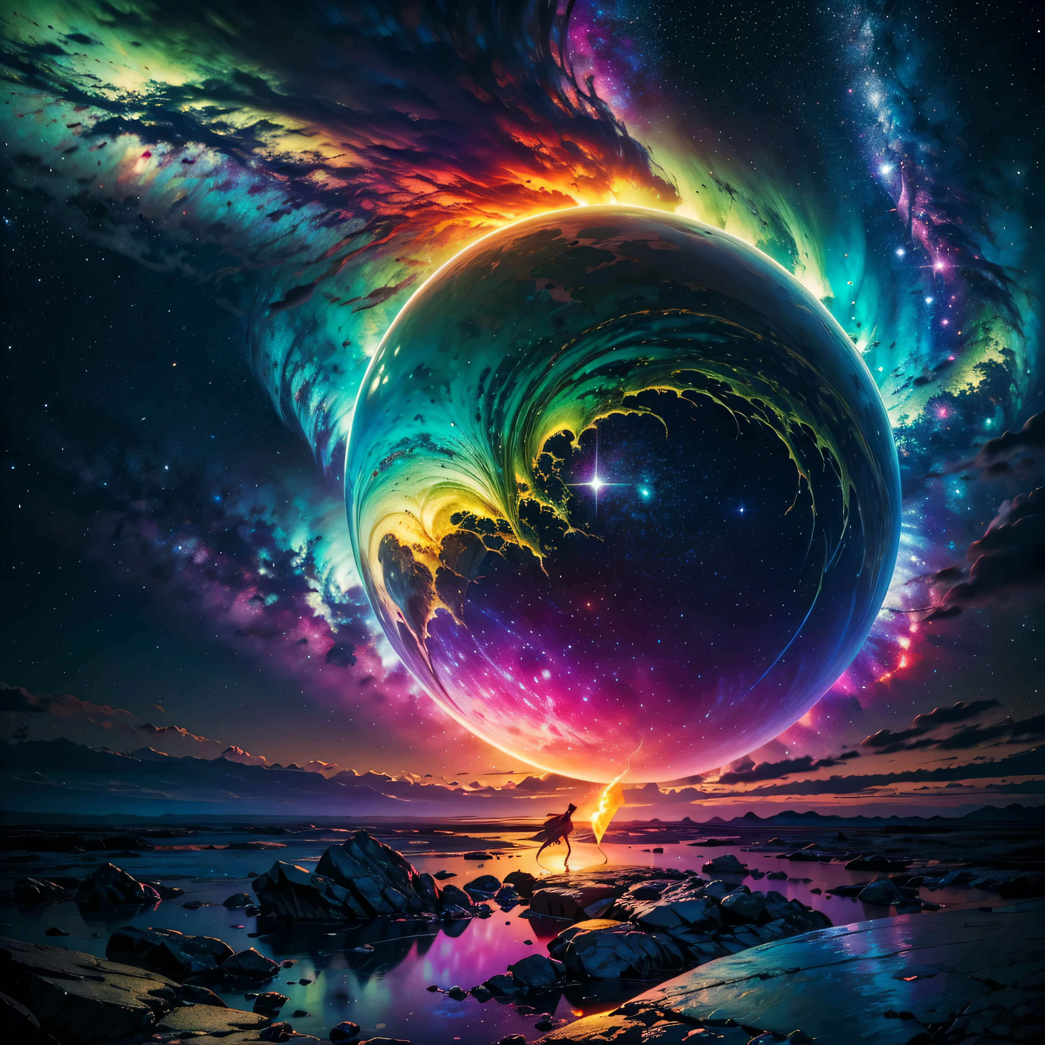 Hyper Vibrant Nebulae Octans by_Mappa Spacious Starry_sky ((🎈Sunset epic sunshine parabolic sunrise Rain_Color Colorful_liquid_on_naked_body:1.3 Colorful_body Colorful_ink_on_hair:1.2 Rainbow Abundant_colorful_liquids White_liquid fullbodye wet_Color_liquid)) In the vast expanse of the cosmos, a breathtaking image unfolds before your eyes. In the heart of a starry galaxy, vibrant nebula dance and swirl, their ethereal colors blending and intertwining. The scene is a symphony of cosmic beauty, with tendrils of interstellar dust and gas reaching out into the void. The stars shine with an otherworldly brilliance, illuminating the cosmic tapestry that stretches across the vastness of space. It is a visual feast for the senses, an awe-inspiring glimpse into the wonders of the universe. BREAK,Detailed,Realistic, highly detailed digital art,octane render, bioluminescent, BREAK,by Mappa studios,masterpiece,best quality,official art,illustration,ligne claire,(cool_color),perfect composition,absurdres, fantasy,focused,rule of thirds masterpiece meticulously intricate 🎠deep path equirectangular🎡 ultra_high-details extreme improved ultra_high-quality ultra_high-res ultra_photo-realistic optimal ultra_sharpness perfection accurate volumetric SunLight Lightning_contrast global_illumination cgi vfx sfx reflex Octane_rendered ultra_high-def UHD XT3 DSLR HDR romm rgb pbr 3dcg fxaa blu-ray vivid colors-coded anti-aliasing fkaa txaa rtx ssao opengl-shaders glsl-shaders post-processing post-production cell-shading tone-mapping ❤luminescence 😘glow 👩Heart hearth Crystalline butterfly earth invoke monarch magic fleuraison monster monstrous creature sundrop slide onyx summon transparent ruby Earth hearth bloom flash Tourmaline opal strange glow hole reflection varies multi etc. --s 1000 --c 20 --q 20 --chaos 100
