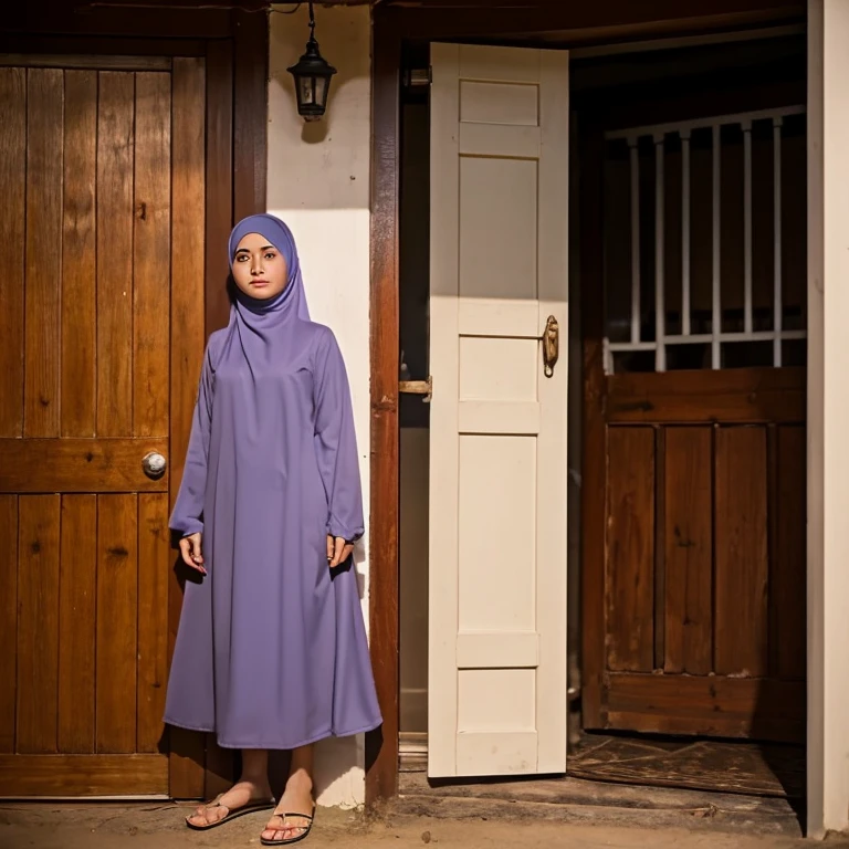 A woman, dressed as a Muslim, stands at the door of a simple house, nighttime, HD quality, anime