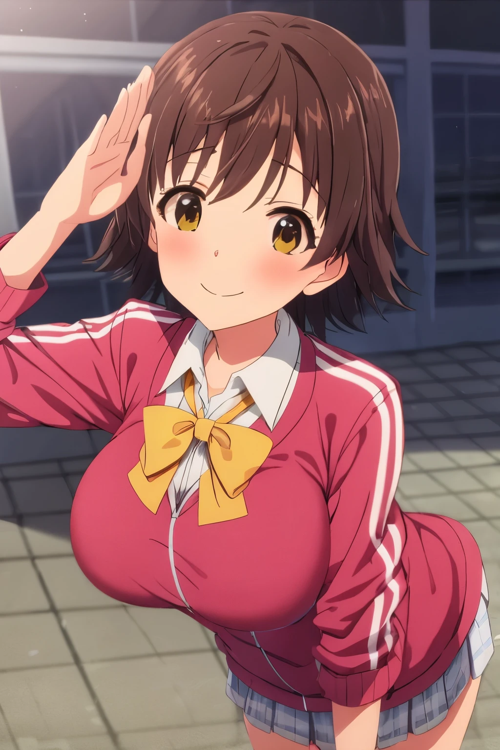 (((pixel-perfect, detail-perfect))), solo, 1girl, mio honda, school uniform, bow, track jacket, looking at viewer, smile, leaning forward, salute, saluting 