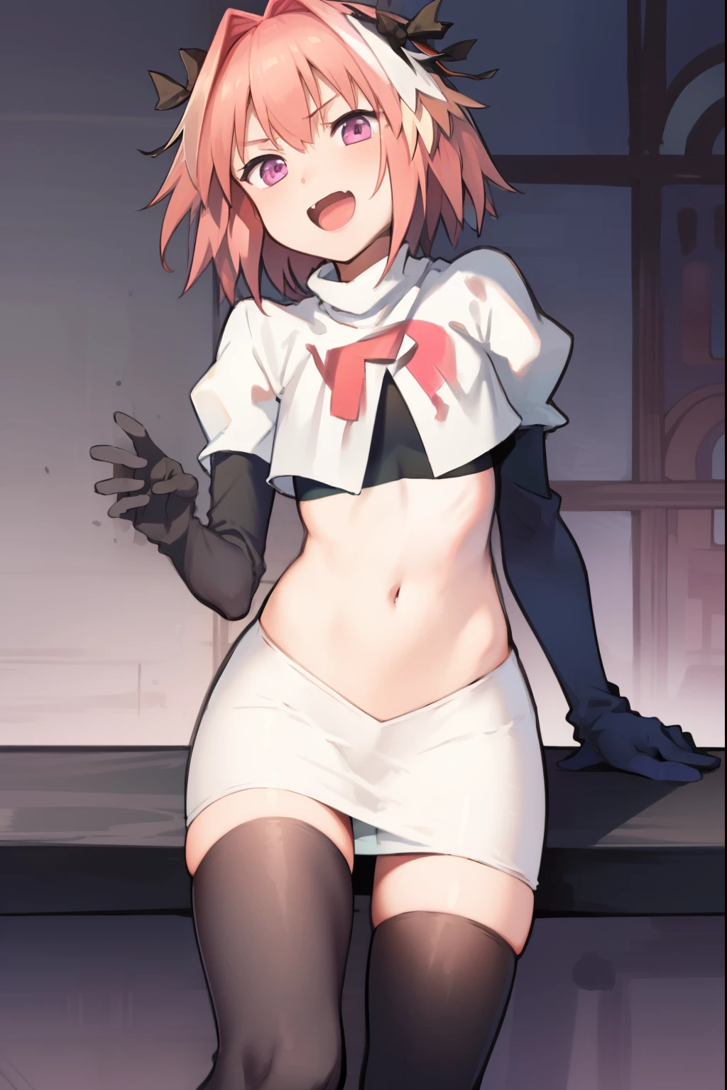 absurdres, masterpiece, best quality, (astolfo fate:1.2155), 1boy, male focus, trap, pink multicolored hair, pink hair, white hair, hair intakes, long hair, pink detailed eyes, crossdressing,1boy, team rocket,team rocket uniform, red letter R, white skirt,white crop top,black thigh-highs,black elbow gloves