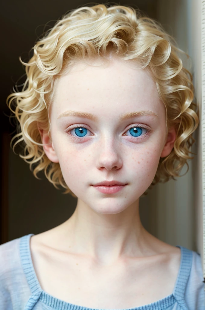 (((actual))) photo, masterpiece, best quality, pale skin, (Details of the face and eyes: 1.2), 1 girl, Very delicate and beautiful girl, Light blonde, wavy short hair, blue eyes, Collapsed nose, (Looks a ish), ((very beautiful)), (freckle: 0.7), curls.