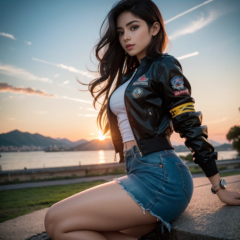 1 hermosa chica , 20yr old , Sunsethuman , Sunset Shimmer from my little pony, Sunset Shimmer in the form of a girl , pechos grandes , pechos voluminosos, pechos firmes , sexy , blusa azul , small black jacket with folded sleeves , pantalon de mezclilla azul ajustado , botas largas con tacon estilo motociclista sexy , tacones , cinco dedos, manos detalladas, dos tonos de pelo, cabello rojo y amarillo , baile, parque , escenario, eslora completa, atardecer , verano, hermosa sonrisa , lindo maquillaje , labios rojos , posando y saludando para foto