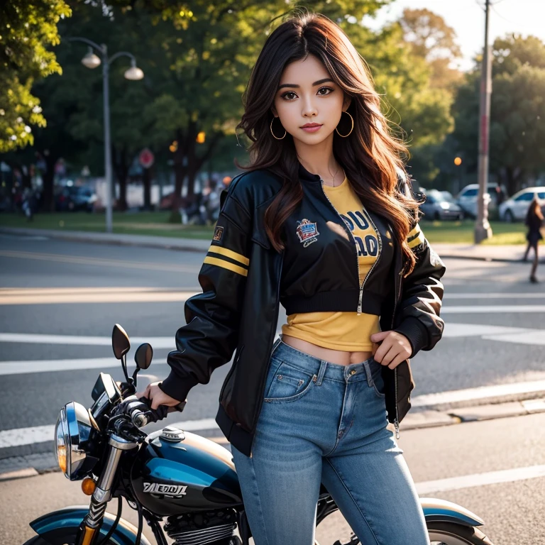 1 hermosa chica , 20yr old , Sunsethuman , Sunset Shimmer from my little pony, Sunset Shimmer in the form of a girl , pechos grandes , pechos voluminosos, pechos firmes ,  , blusa azul , small black jacket with folded sleeves , pantalon de mezclilla azul ajustado , botas largas con tacon estilo motociclista  , tacones , cinco dedos, manos detalladas, dos tonos de pelo, cabello rojo y amarillo , baile, parque , escenario, eslora completa, atardecer , verano, hermosa sonrisa , lindo maquillaje , labios rojos , posando y saludando para foto