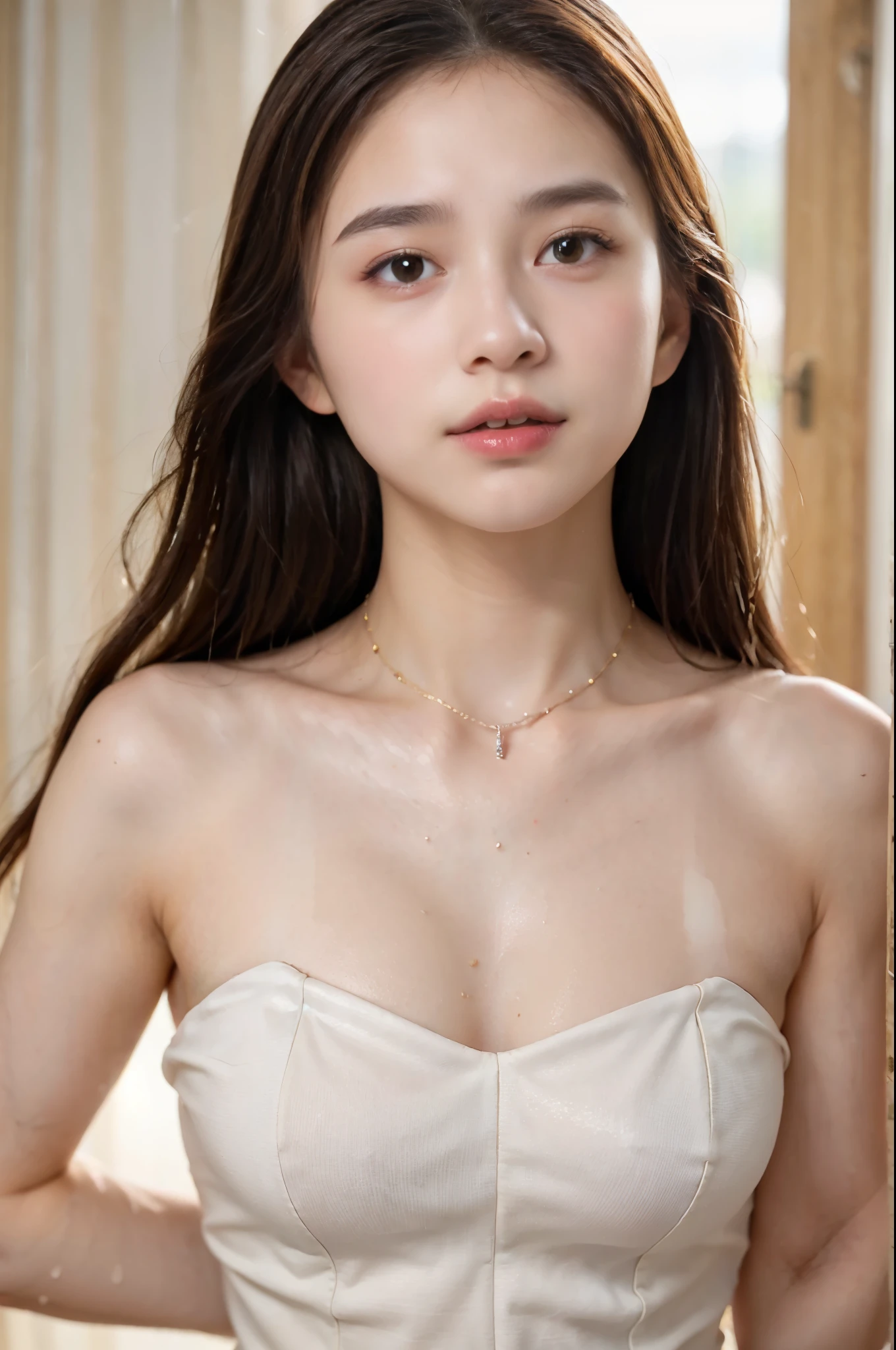 (8K、Live shooting、realistic:1.25)、1 girl、14 year old woman with a beautiful face、taking a shower、diamond necklace、whole body、lip gloss、Glossy skin、highest quality、ultra high resolution、