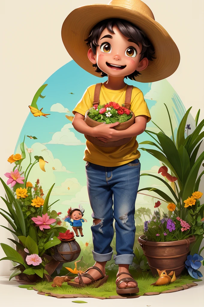 pintura feita em estilo aquarela, onde podemos ver um jardim encantador, with a little gardener boy taking care of various plants,  He is portrayed as a baby, Feito em estilo desenho de cartoon, with appropriate gardening clothes and a straw hat, O garotinho sorri enquanto cuida das plantas com carinho, Ao fundo, there are several majestic date palm trees, cheia de frutos maduros e suculentos, O menininho segura uma cesta cheia desses frutos, que ele colheu com orgulho, the boy is on a path with a dirt floor, The image is made in watercolor, com cores vibrantes e suaves, conveying a sense of tranquility and harmony, The plants have bright colors coming from the flowers around the garden, the different varieties of plants that the boy is taking care of and even some friendly animals that are nearby, like butterflies or birds. The boy is cheerful while holding the basket full of fruits, The ripe fruits of the date palm and how they add a touch of color and abundance to the garden, Use the watercolor technique used to create the image, highlighting the soft brushstrokes and translucent colors that bring the scene to life.

