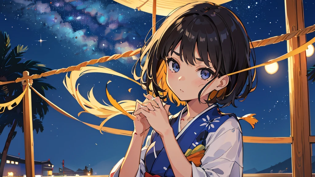 (8K、Live shooting、highest quality、masterpiece:1.2)、(childish face、round face:1.3)、solo, 1 girl,yukata,Super detailed、ultra high resolution、see the beholder、beautiful detailed face、(thin slim waist) :1.3)、beautiful detailed skin、floating hair、professional lighting、short hair、starry sky、sandy beach、On the right side of the screen