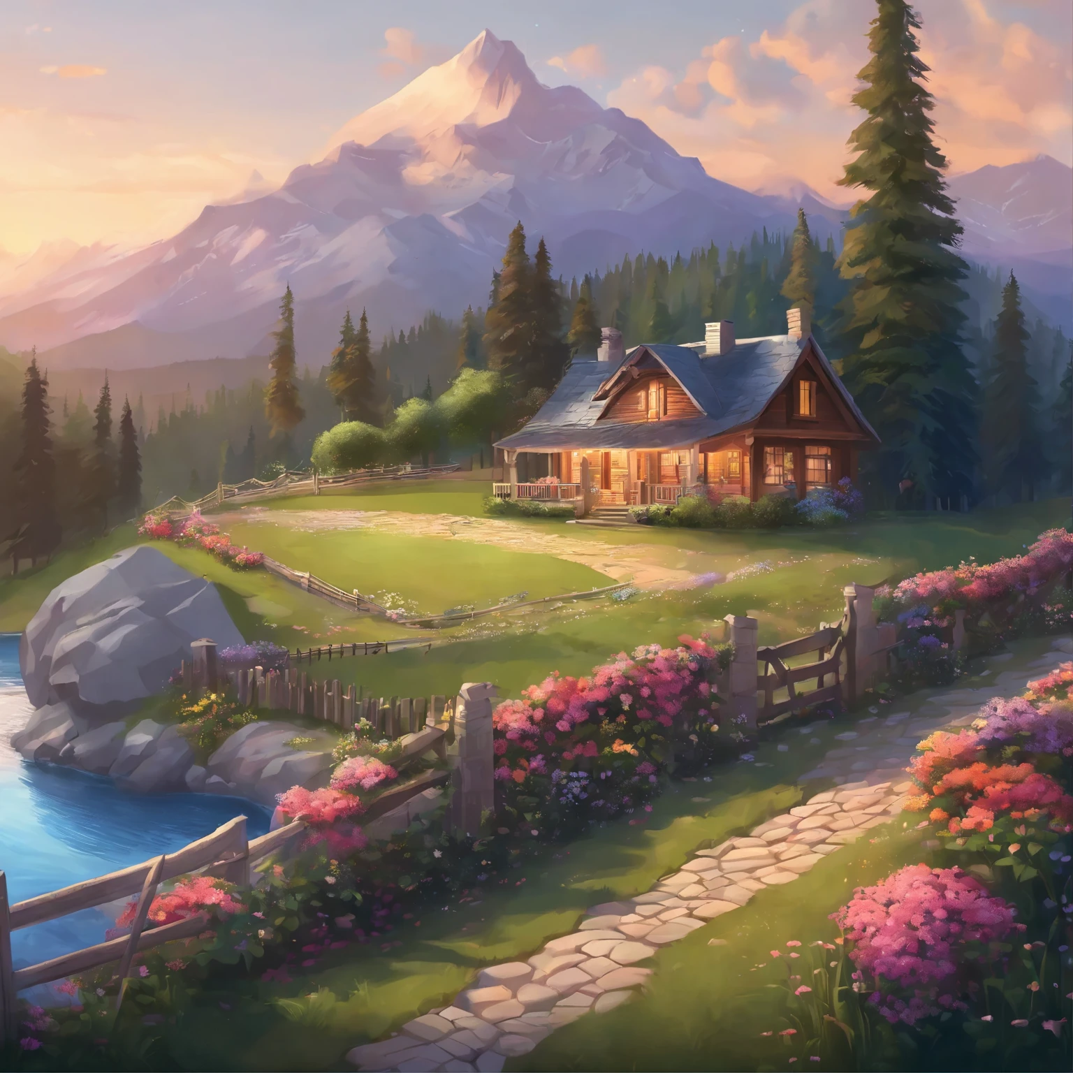 painting of a cottage, flowers beside of fence, fence along the road, mountain landscape with a lake and a boat, illustration matte painting, inspired by Thomas Kinkade, symmetric matte painting, detailed scenery , style raw, 8 k ultra detailed