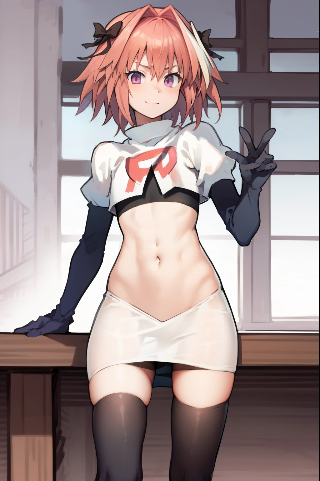 absurdres, masterpiece, best quality, (astolfo fate:1.2155), 1boy, male focus, trap, pink multicolored hair, pink hair, white hair, hair intakes, long hair, pink detailed eyes, crossdressing,1boy, team rocket,team rocket uniform, red letter R, white skirt,white crop top,black thigh-highs,black elbow gloves