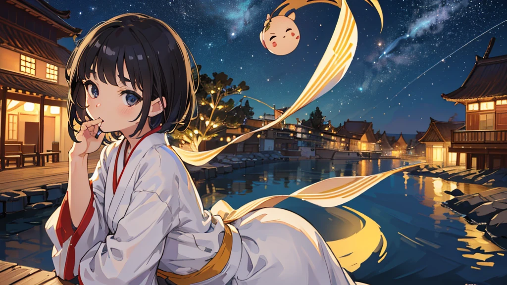 (8K、Live shooting、highest quality、masterpiece:1.2)、(childish face、round face:1.3)、solo, yukata,Super detailed、ultra high resolution、see the beholder、beautiful detailed face、(thin slim waist) :1.3)、beautiful detailed skin、floating hair、professional lighting、short hair、starry sky、sandy beach、On the right side of the screen