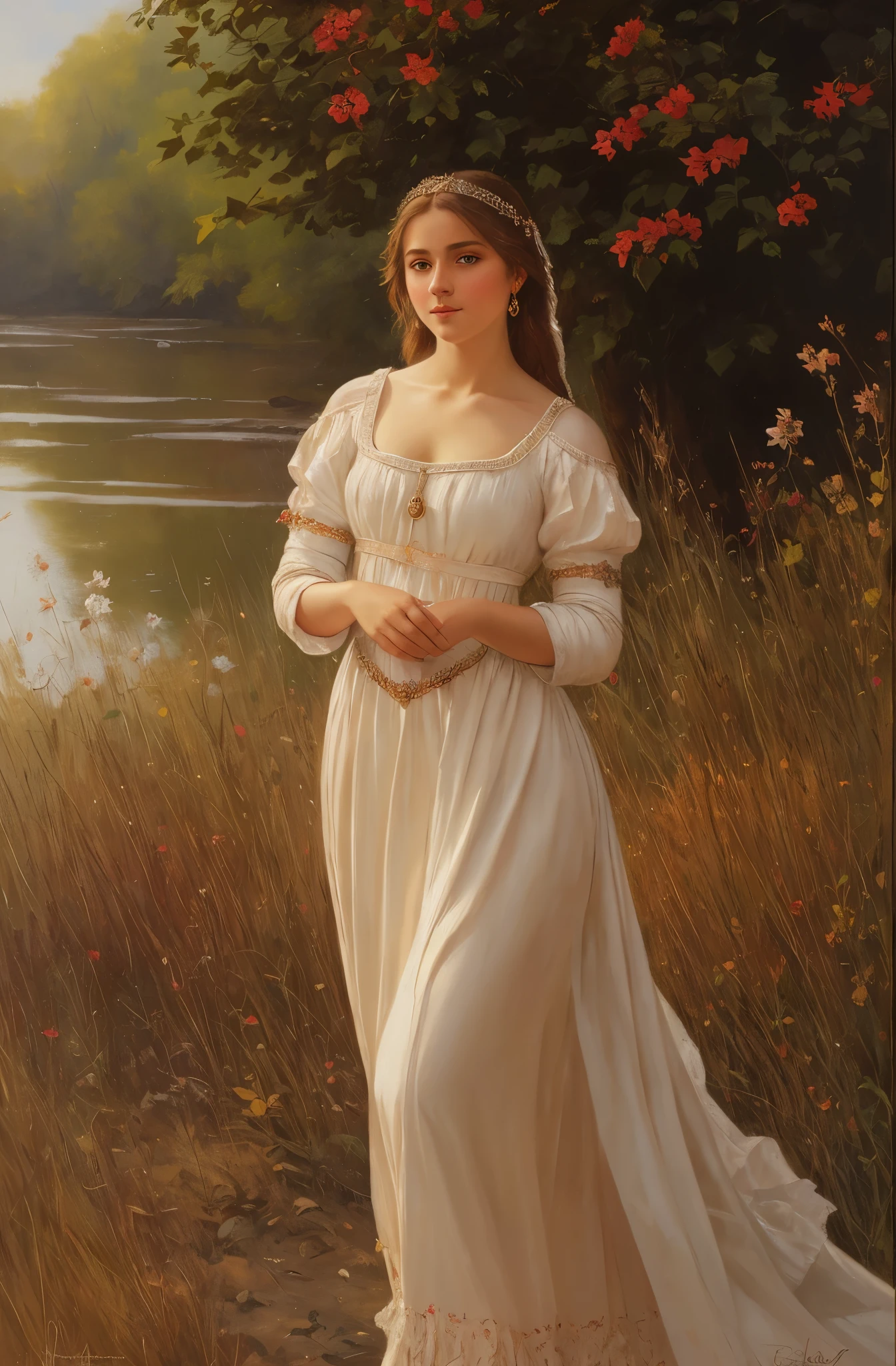 portrait, girl, middle ages, classicism, andrey atroshenko style, painting, pierced eyes, beautifully styled hair, traditional media, realistic, figurative, fine art, oil on canvas, HDR, 8K, original character, high resolution, high detail, focus on the face, beautiful eyes 