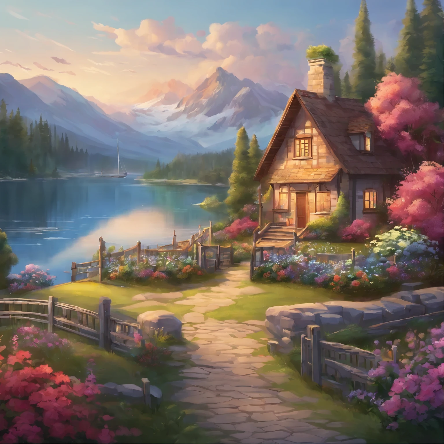 painting of a cottage, flowers beside of fence, fence along the road,  mountain landscape with a lake and a boat, illustration matte painting,  inspired by Thomas Kinkade, symmetric matte painting, detailed scenery , style raw, 8 k ultra detailed