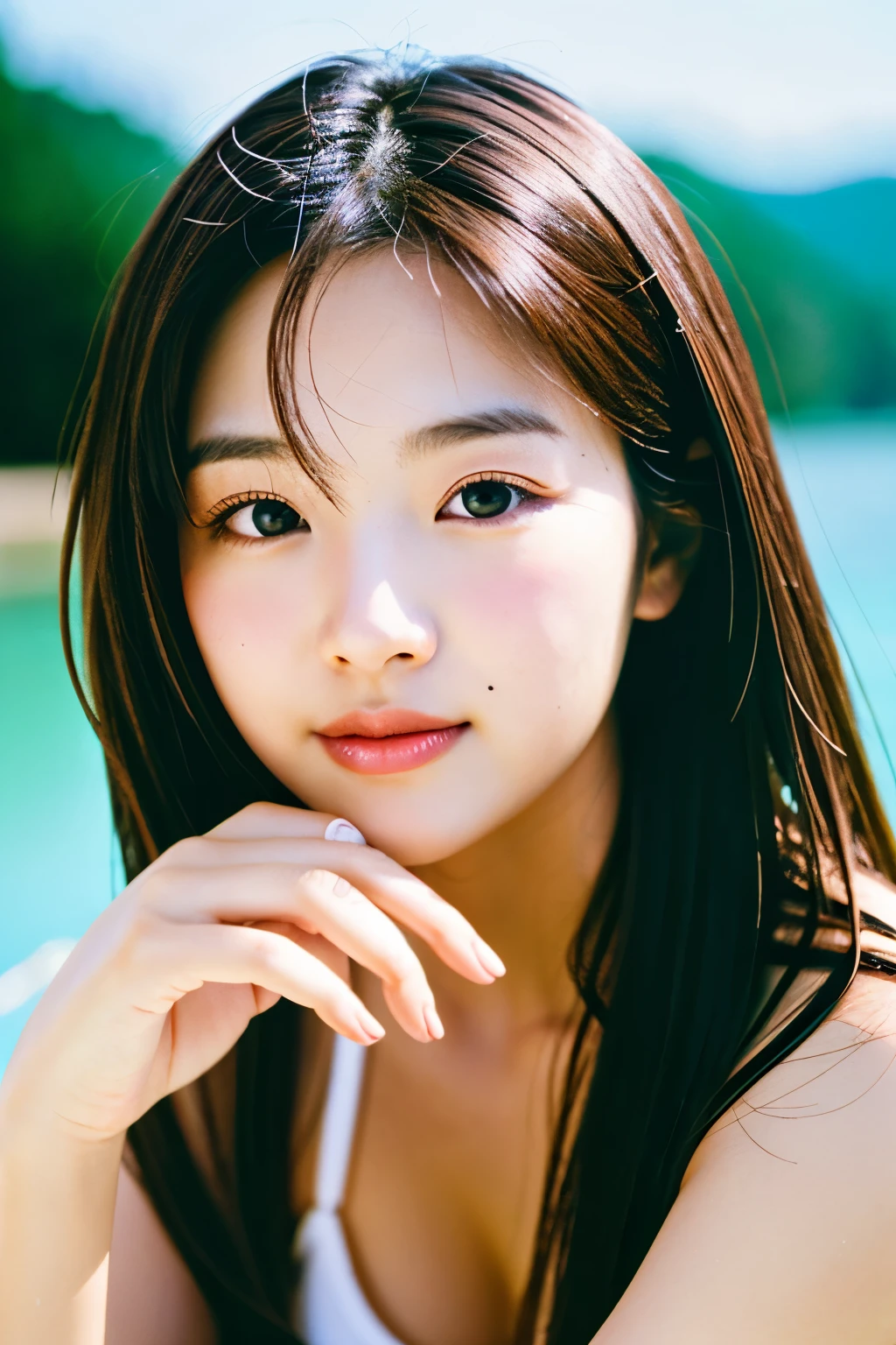 1girl in, 20yr old, Beautiful face, Smile, Curly hair, (Big breasts:1.2), Japanese female idol, egg shaped face, Whole body, front, (sun burn:1.3), (Micro Bikini:1.2) , Beach, 8K, Raw photo, Highest Quality, masutepiece, high definition RAW color photos professional close-up photos,Realistic, photorealisim, Highest Quality, Best Illustration, Ultra High Resolution, Highly detailed CG unified 8K wallpapers, physically-based renderingt, Cinematic lighting,