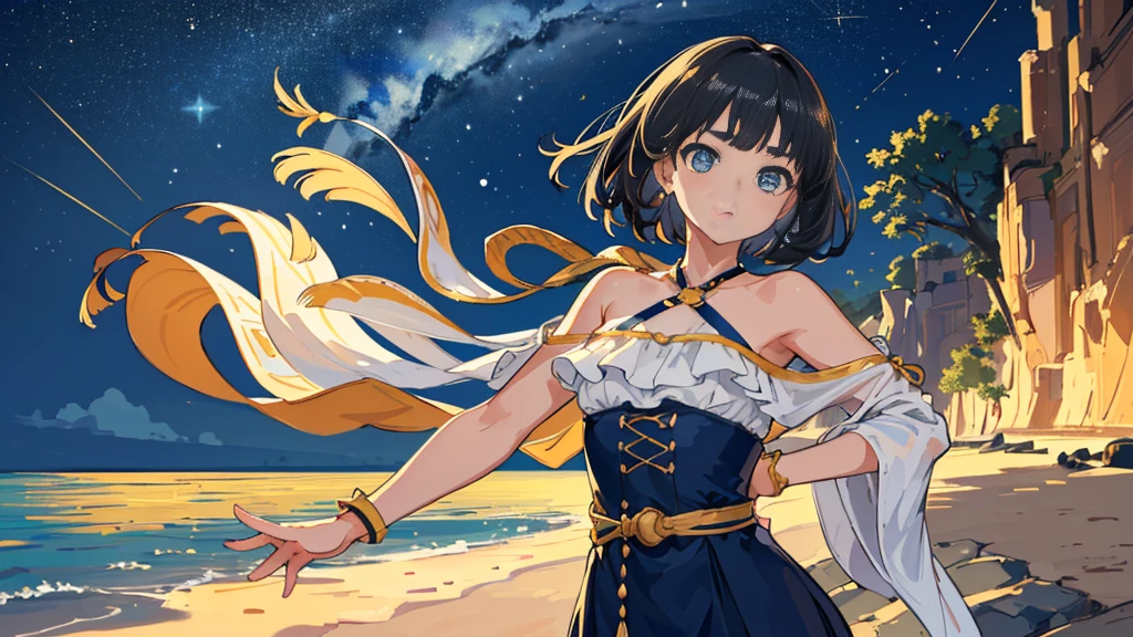 (8K、Live shooting、highest quality、masterpiece:1.2)、(childish face、round face:1.3)、solo,Super detailed、ultra high resolution、see the beholder、beautiful detailed face、(thin slim waist) :1.3)、beautiful detailed skin、floating hair、professional lighting、short hair、starry sky、sandy beach、On the right side of the screen