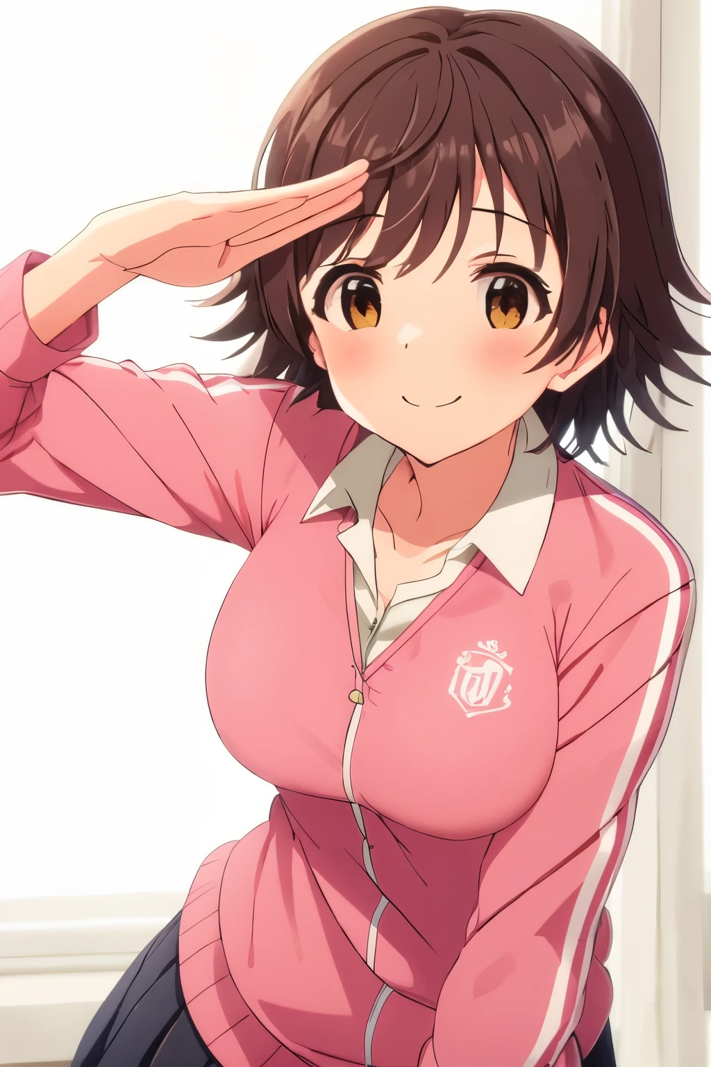 (((pixel-perfect, detail-perfect))), solo, 1girl, mio honda, school uniform, bow, track jacket, looking at viewer, smile, leaning forward, salute, saluting 