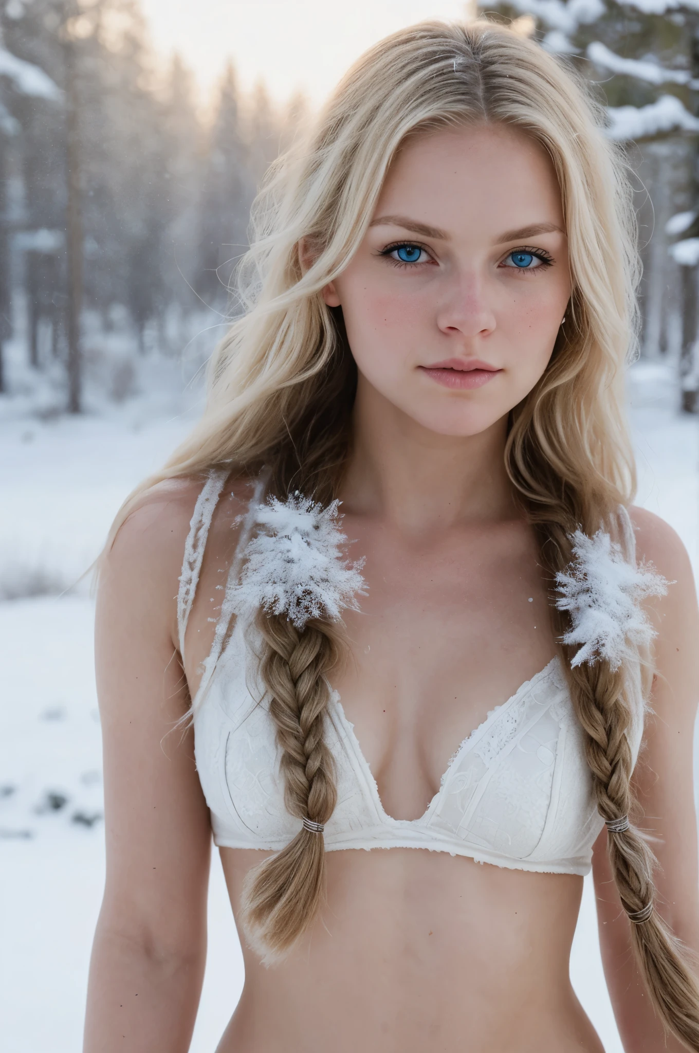 (Realisttic:1.2), analog photo style, female nordic warrior, fantasy snowy setting, braided blonde hair, full body, soft natural light, cute and sexy, pleasure, detailed face and blue eyes, great quality, Masterpiece, detailed northern background, 16k quality, RAW photo