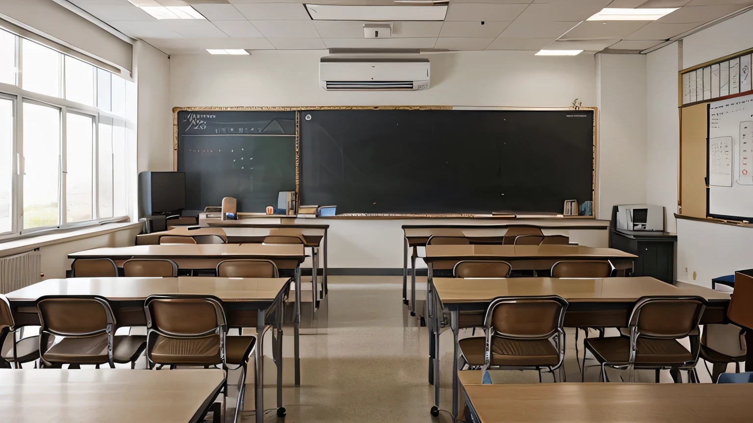 there are many desks and chairs in a classroom with only a plain blackboard in the middle, no numbers and letters, plain blackboard, simple and clean background, two rows of desks and symmetrical to each other, a digital rendering takes inspiration from Itō Jakuchū, unsplash, paris school, classroom photo, classroom, in class, typical anime classroom, classroom wallpaper, classroom, in the classroom, beautiful layout