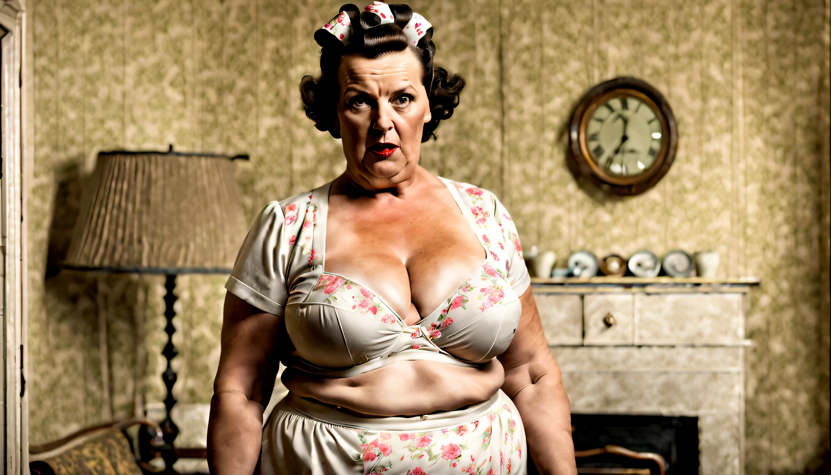 1940s front room, full-length front view of a very short, fat, ugly, fifty year old 1940s frumpy English housewife wearing only underwear, with curlers and a hair net, massive pendulous breasts and pot-belly, blotchy skin, warts, cellulite, standing, looking murderously angry, threatening us with a rolling pin