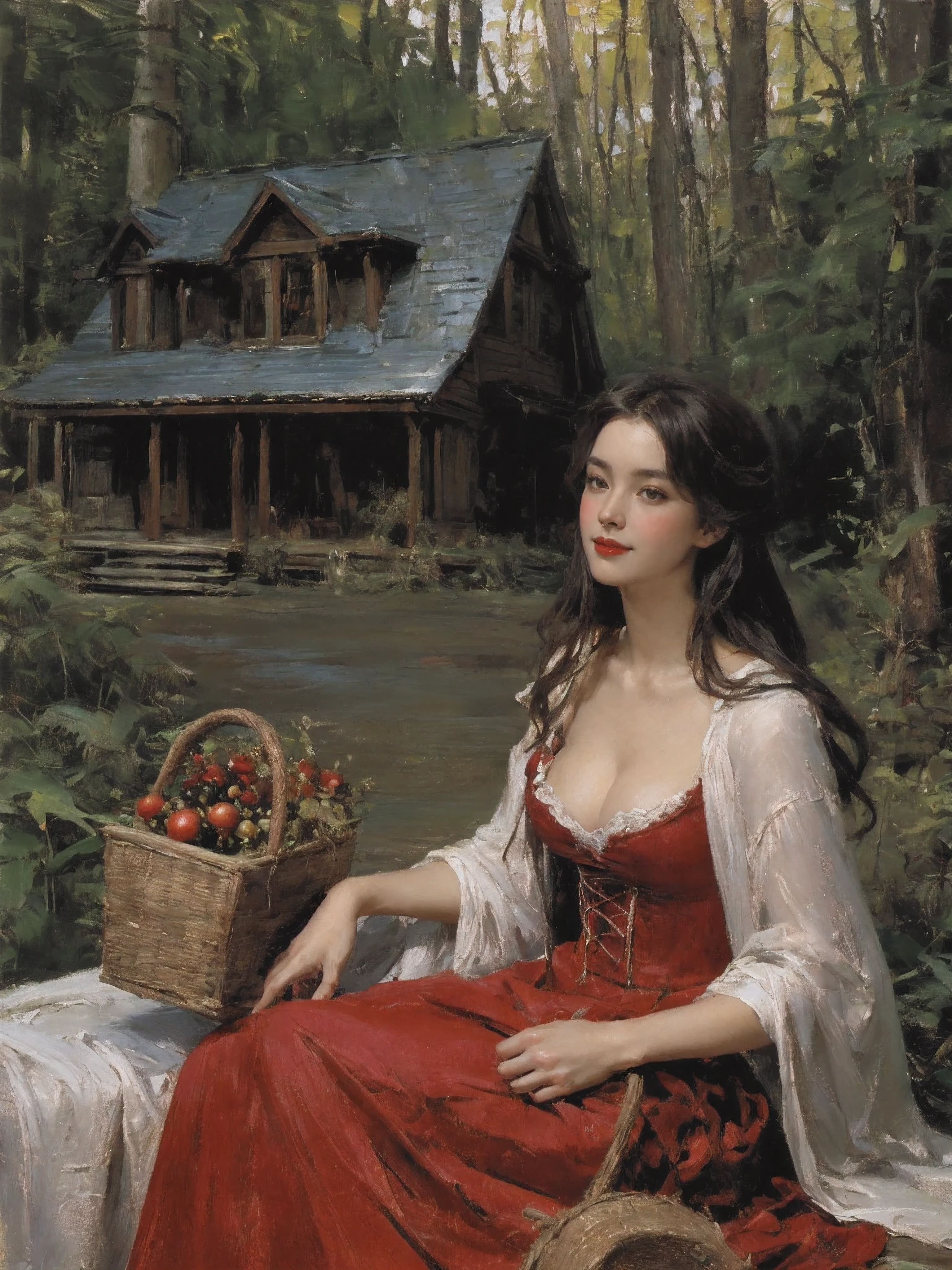 (absurd,high resolution,Super detaileauty and the Beast,小Red Hat和大灰狼,(1 girl),(1 Giant Tundra Wolf),red shawl,red hood,lace dress,Red Hat, cloak, big bust bra, skirt, red dress,Carrying a basket of fruit,candy house,in the forest,the dark forest,Log cabin with wooden interior,natural lighting, Glass jars filled with candy, Whimsical decoration, Sugar carving, 8k, HD, Detailed faces, delicate eyes,Surreal, + movie shot + dynamic combination, Giant beast female image, slim body,medium breasts,sweating,wet hair,(very delicate and beautiful),Contour deepening, realistically, Precise geometry, intricate details, smiling,From the bottom up,petite lingerie,Generous bathrobe, Close-up cleavage,Charming and sexy legs,((Sexual innuendo)),Attractions,(post-impressionism),,(费钦painting - 费钦painting , painting),