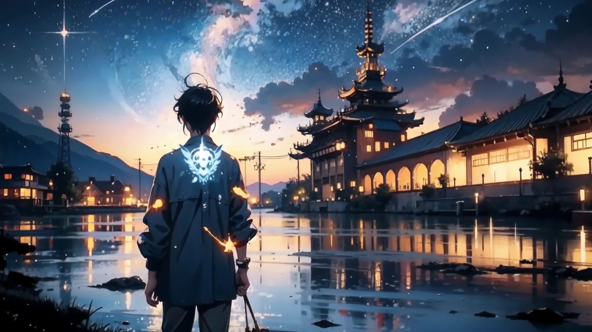 High quality masterpiece, landscape, anime train passing through bodies of water on tracks, bright starry sky. Romantic train, pixiv, concept art, lofi art style, reflection. by Makoto Shinkai, lofi art, Beautiful anime scene, Anime landscape, detailed scenery —width 672, in style of Makoto shinkai, style of Makoto shinkai, enhanced details.